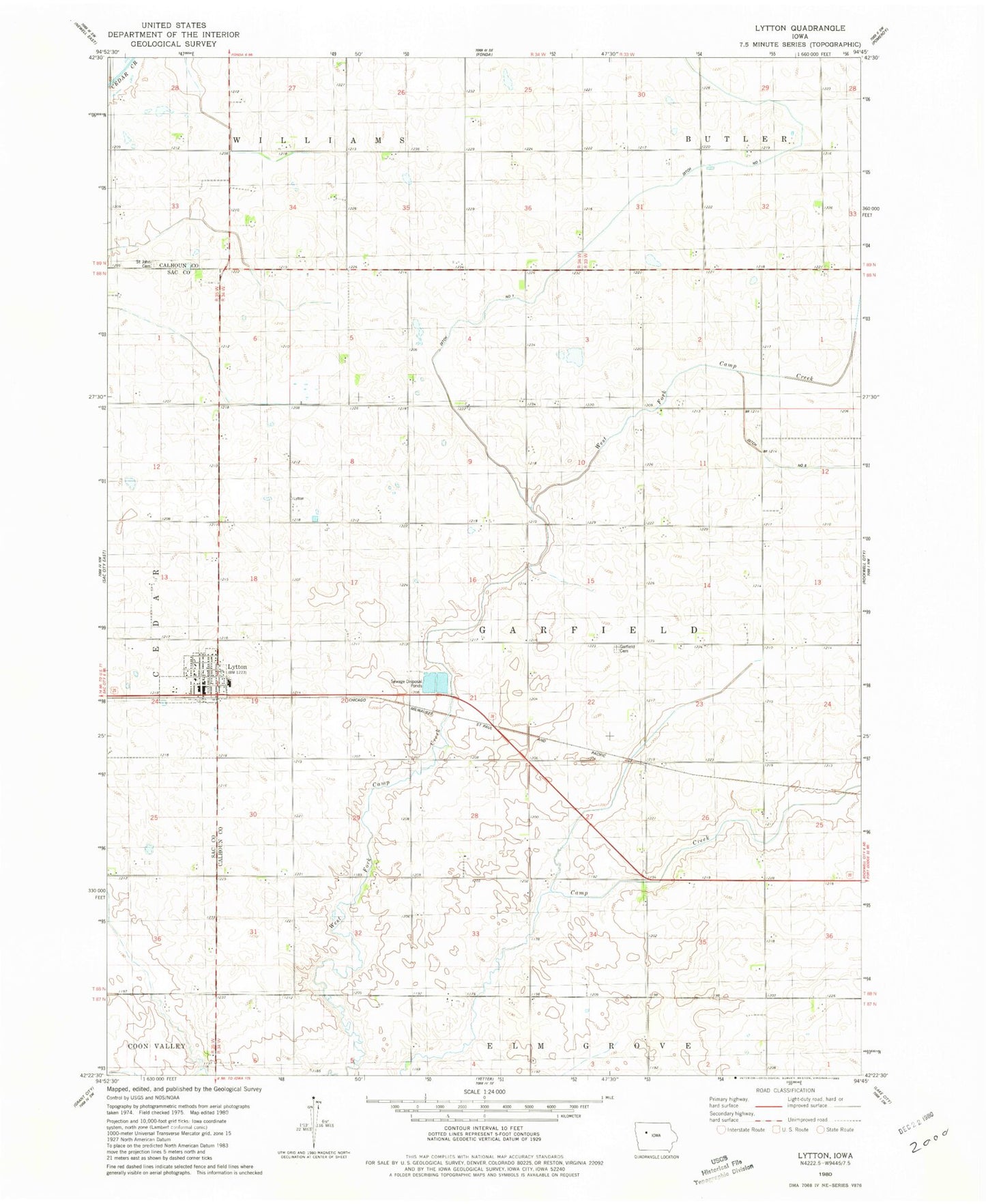 Classic USGS Lytton Iowa 7.5'x7.5' Topo Map Image