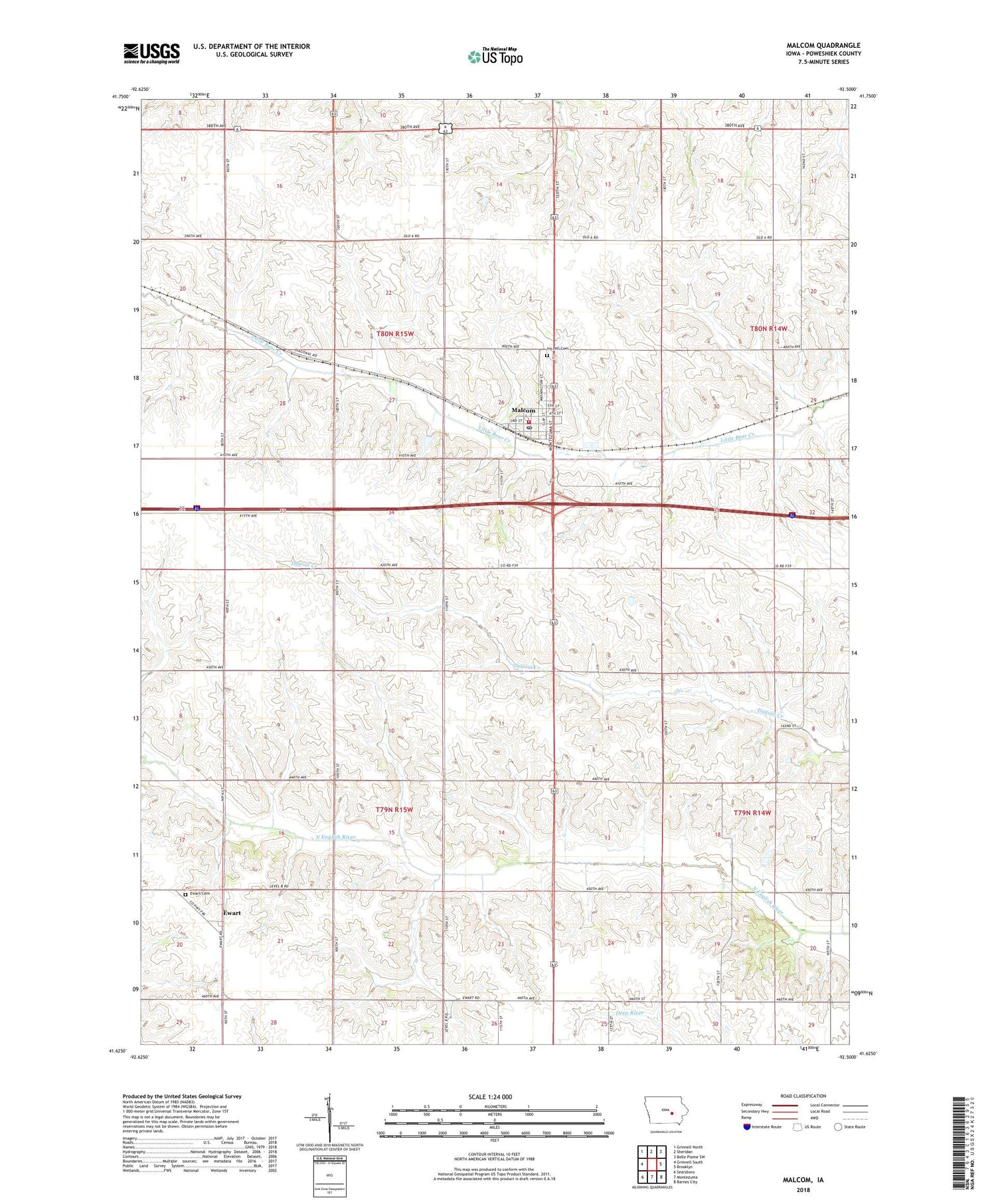 Malcom Iowa US Topo Map Image