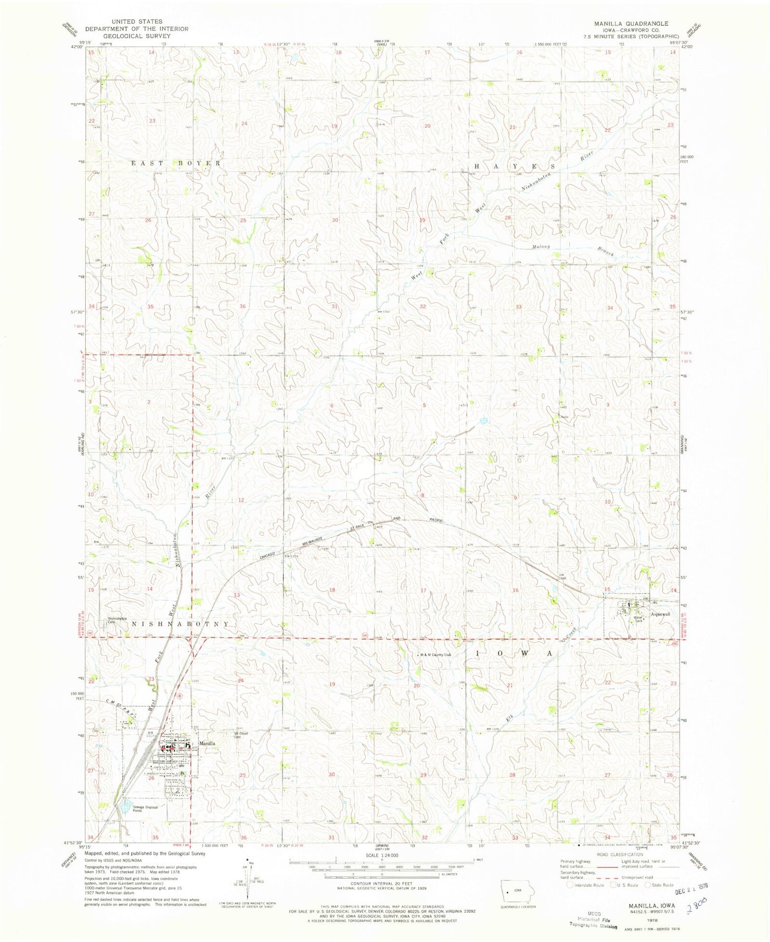 Classic USGS Manilla Iowa 7.5'x7.5' Topo Map Image