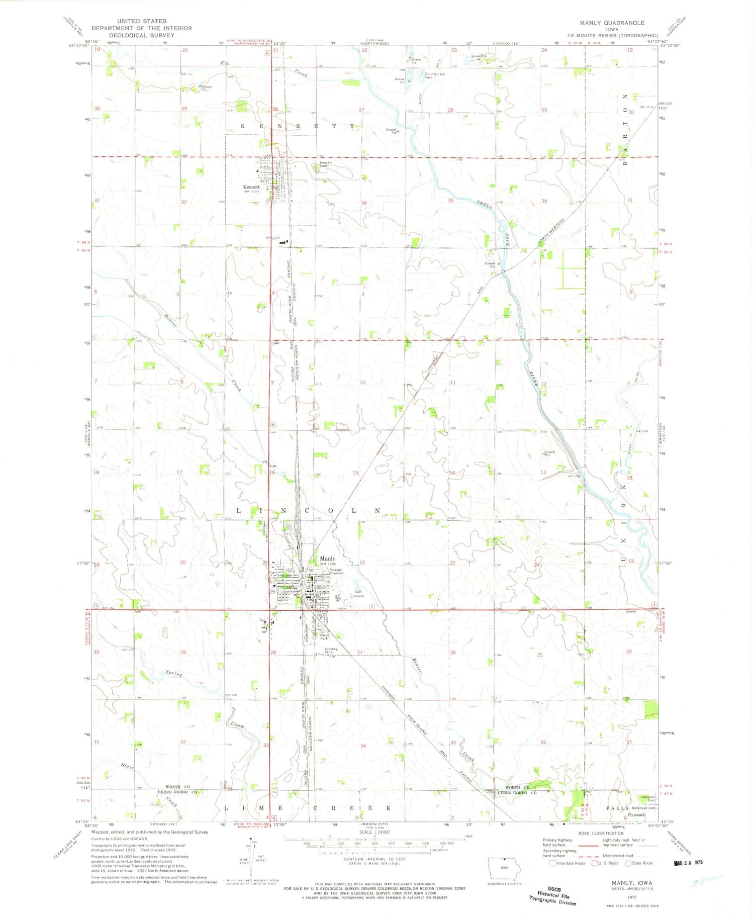 Classic USGS Manly Iowa 7.5'x7.5' Topo Map Image