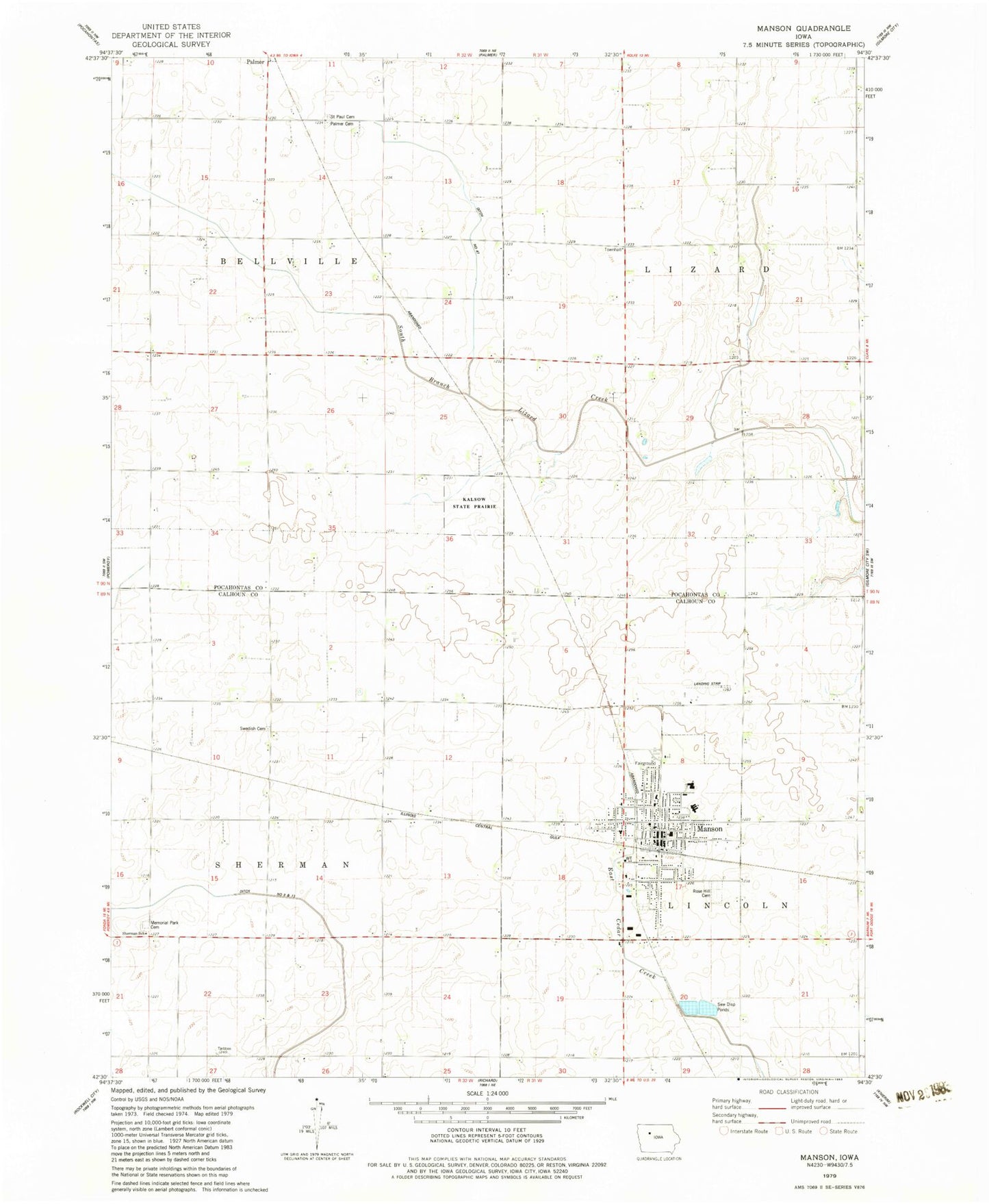 Classic USGS Manson Iowa 7.5'x7.5' Topo Map Image