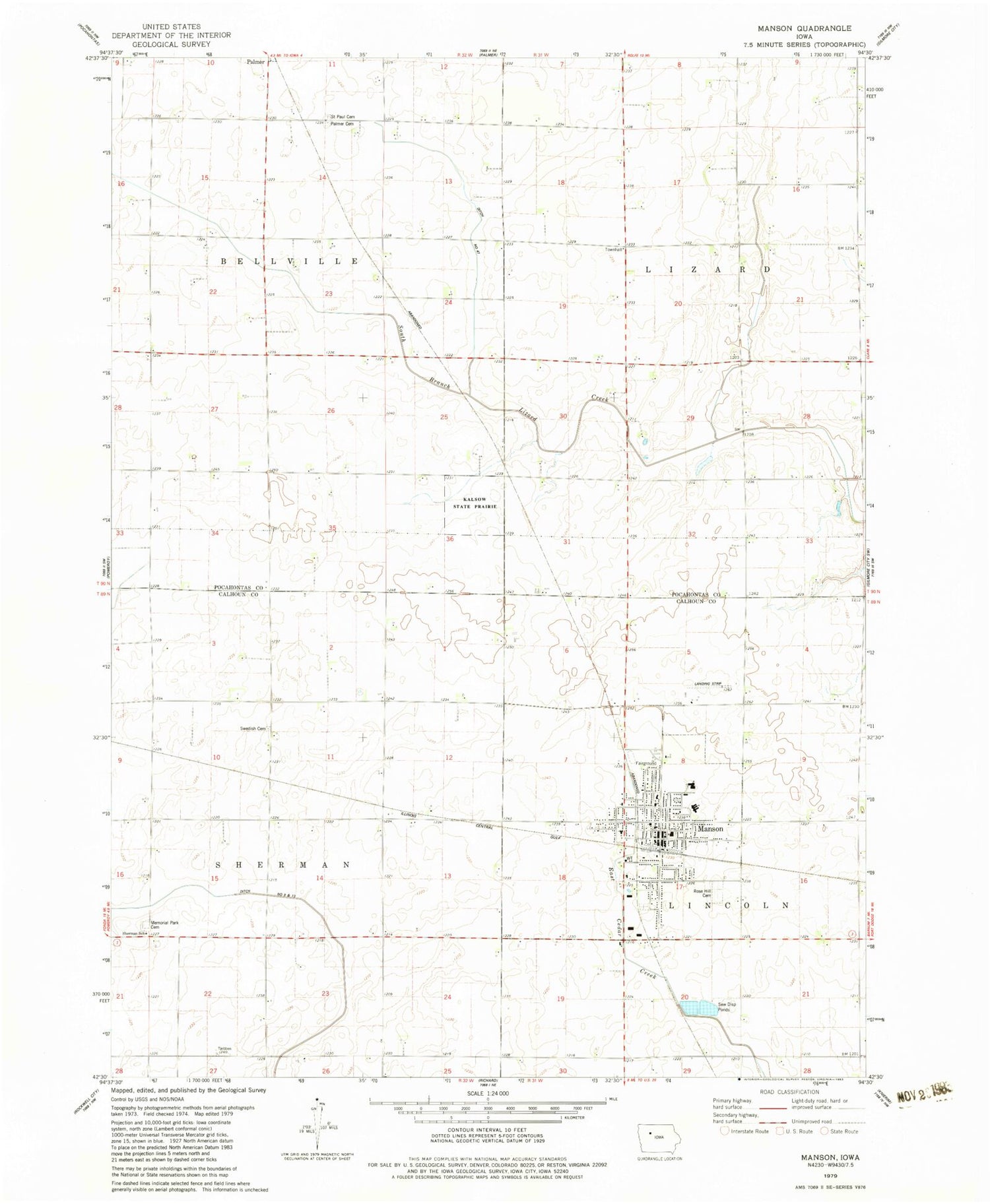 Classic USGS Manson Iowa 7.5'x7.5' Topo Map Image