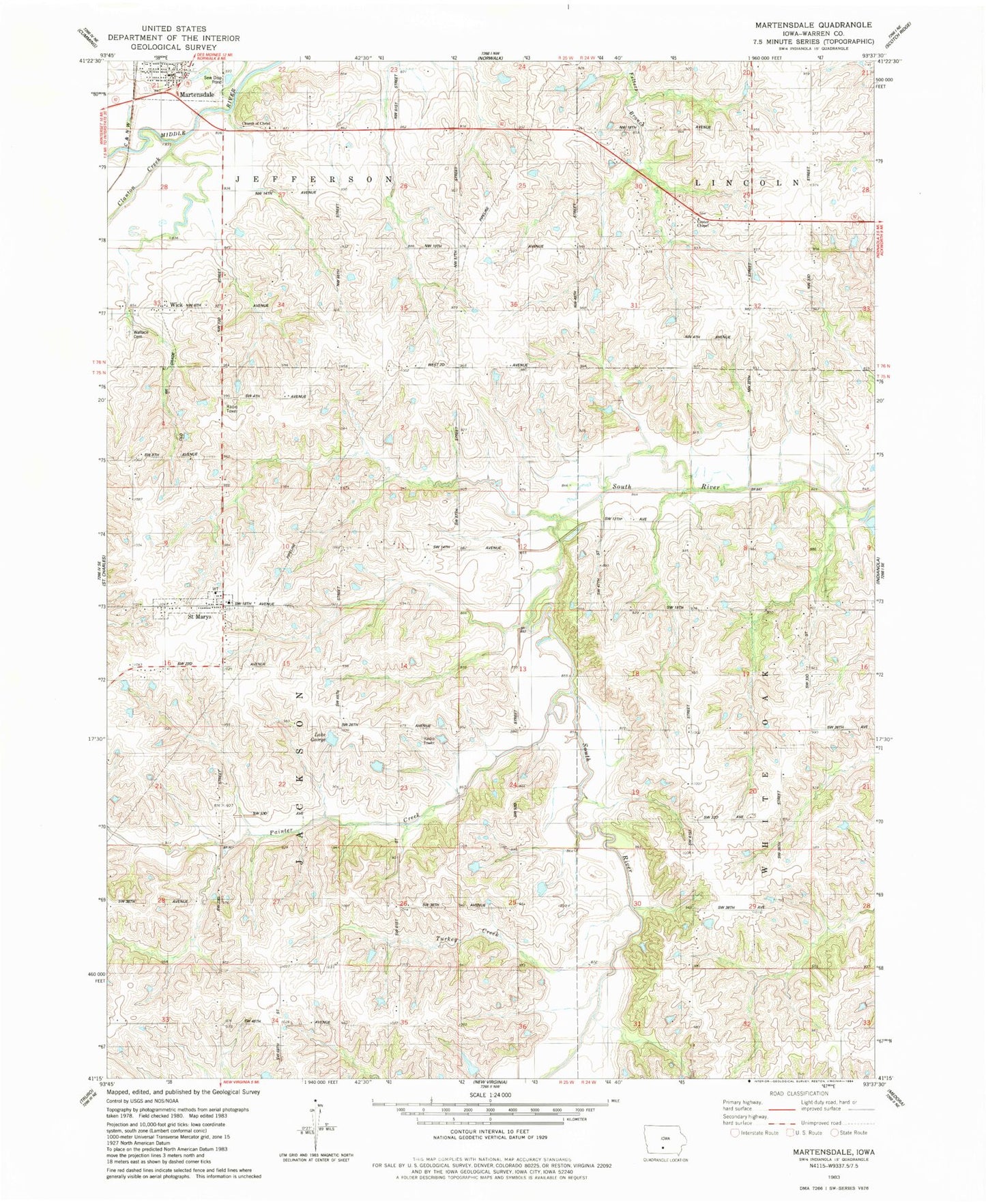 Classic USGS Martensdale Iowa 7.5'x7.5' Topo Map Image