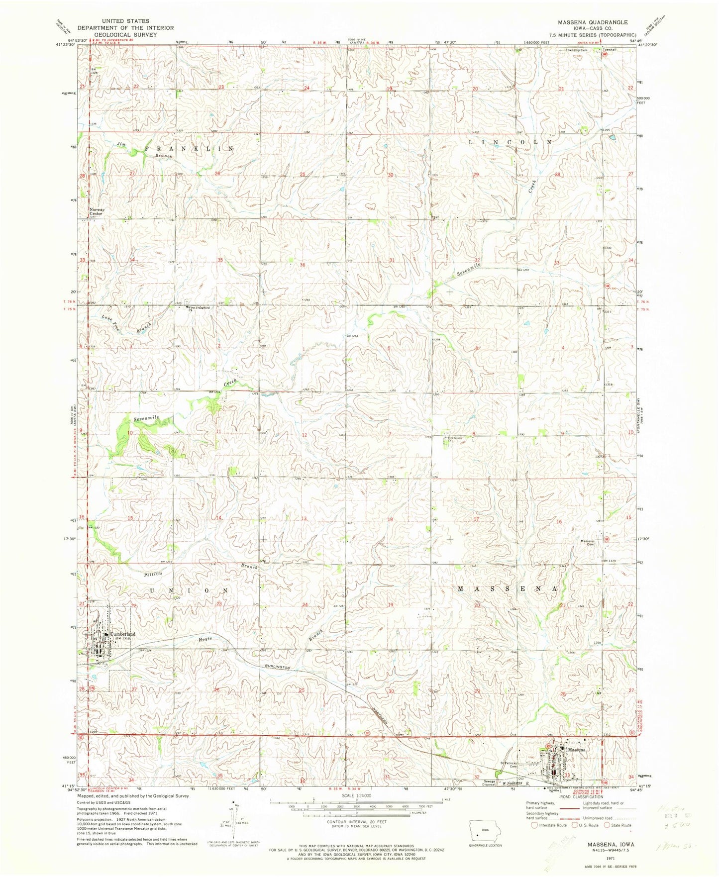 Classic USGS Massena Iowa 7.5'x7.5' Topo Map Image
