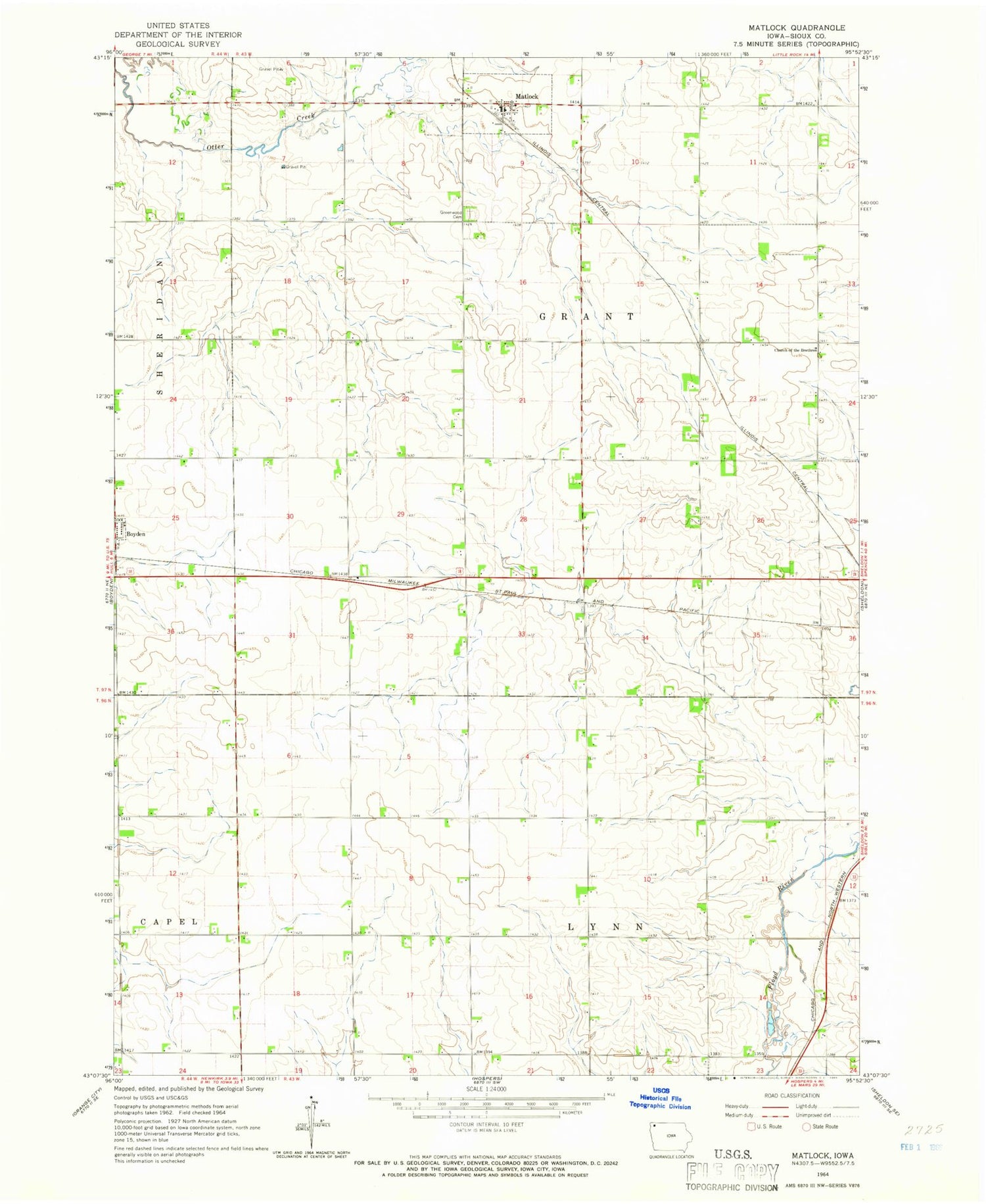 Classic USGS Matlock Iowa 7.5'x7.5' Topo Map Image