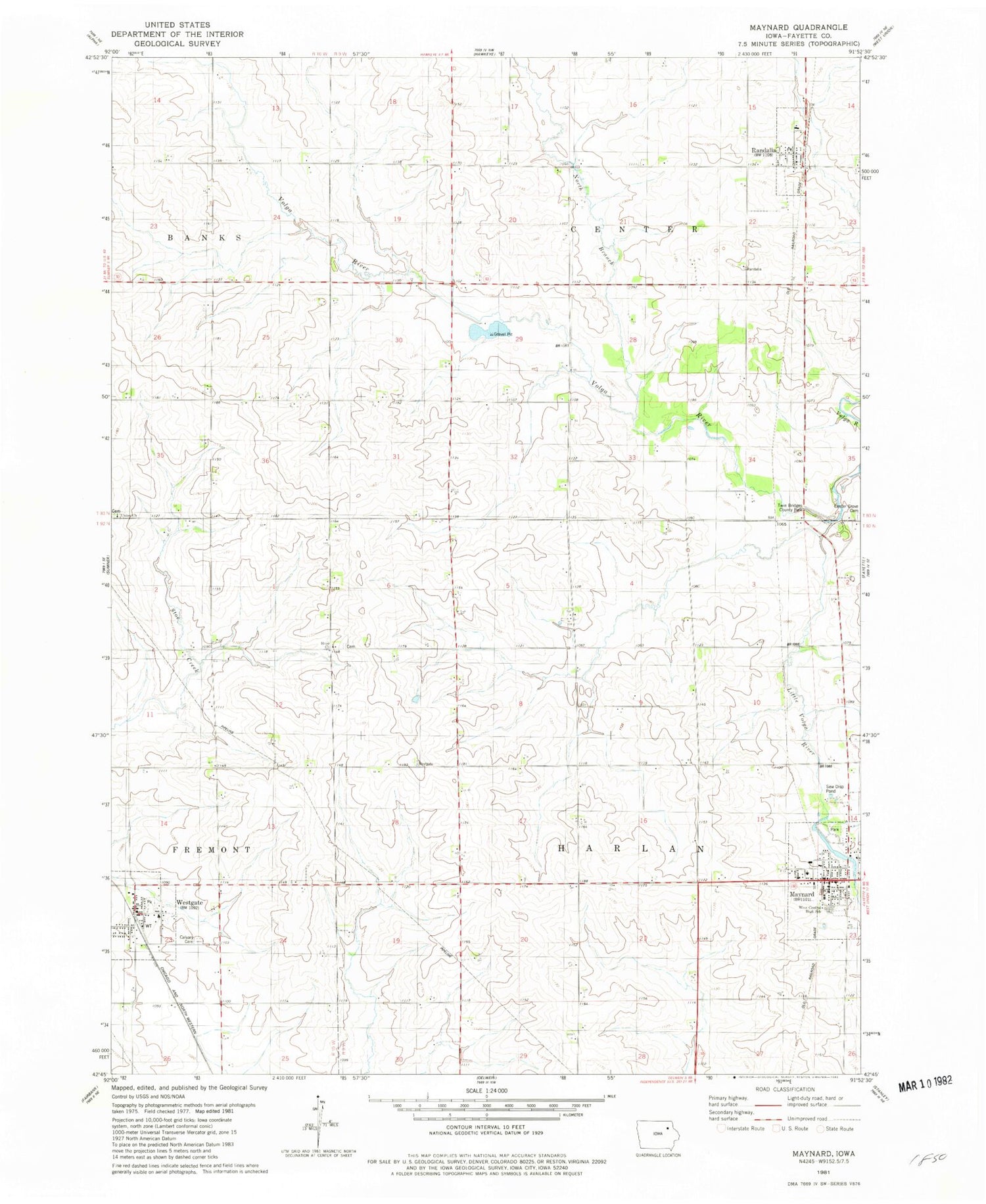 Classic USGS Maynard Iowa 7.5'x7.5' Topo Map Image