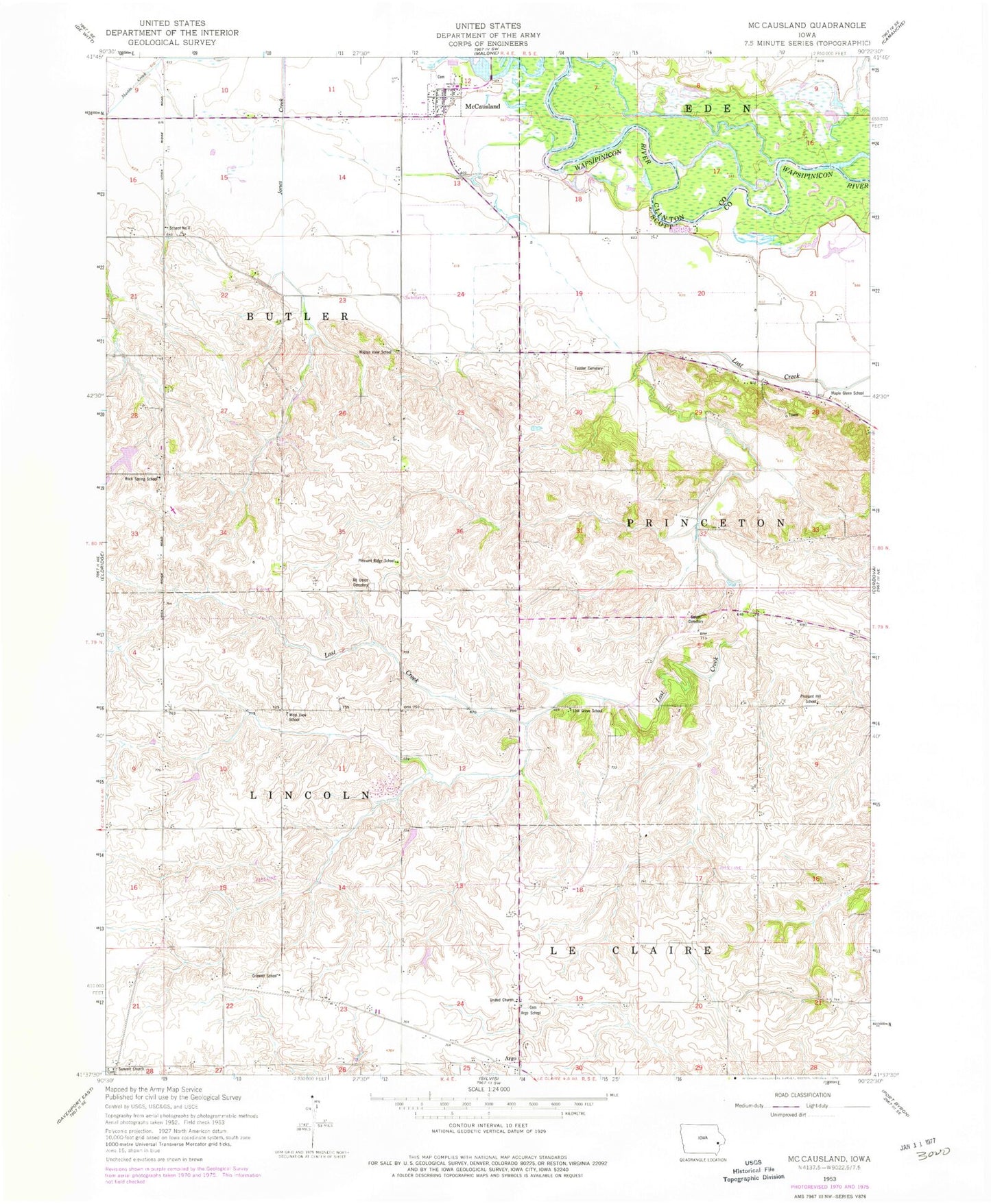 Classic USGS McCausland Iowa 7.5'x7.5' Topo Map Image