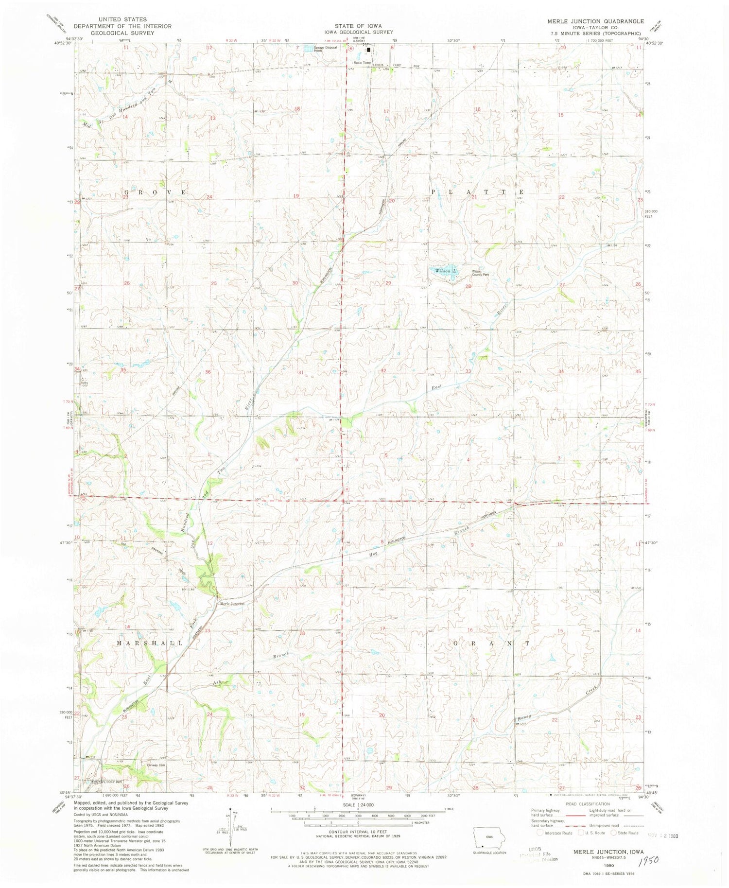 Classic USGS Merle Junction Iowa 7.5'x7.5' Topo Map Image