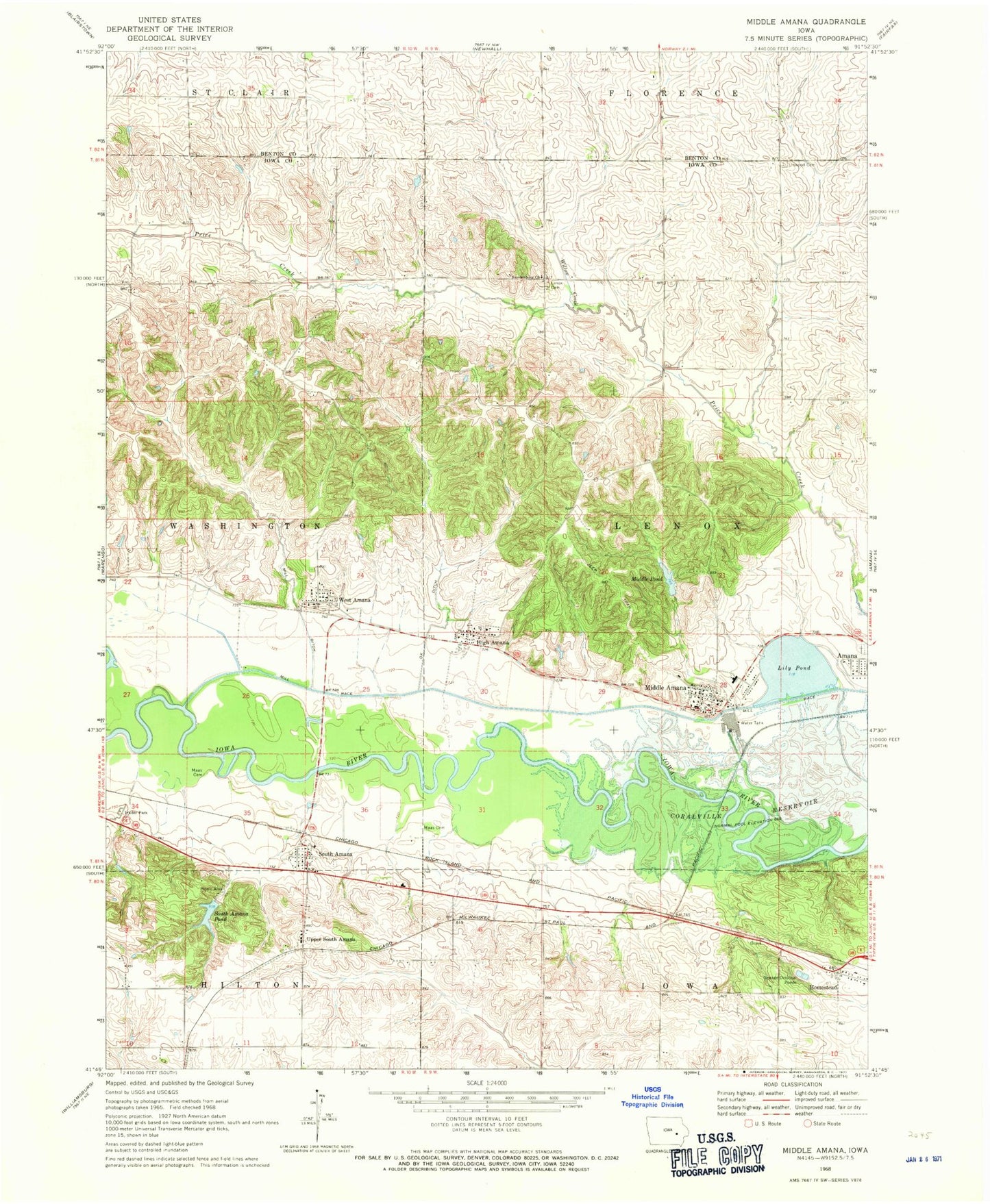 Classic USGS Middle Amana Iowa 7.5'x7.5' Topo Map Image