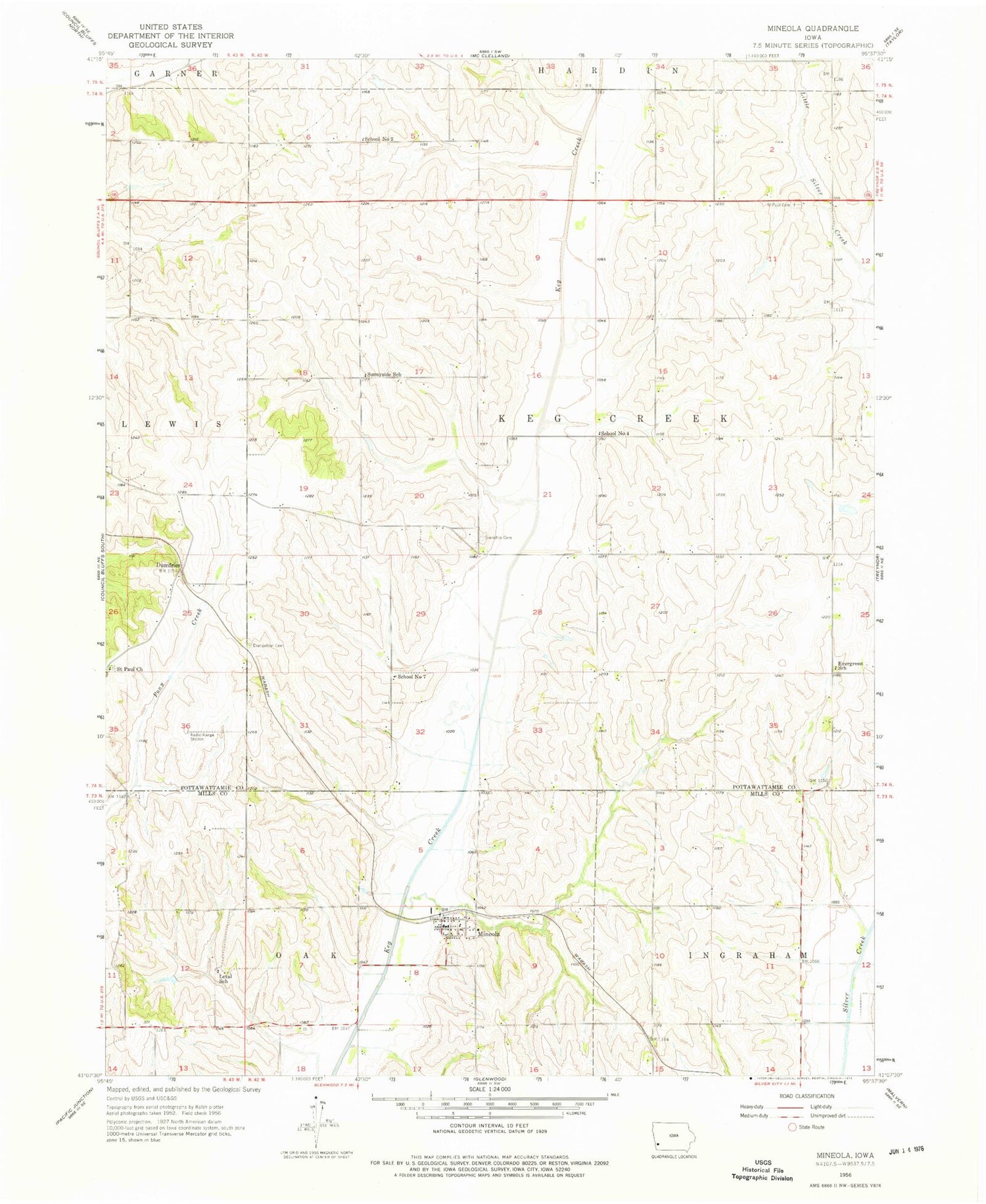 Classic USGS Mineola Iowa 7.5'x7.5' Topo Map Image