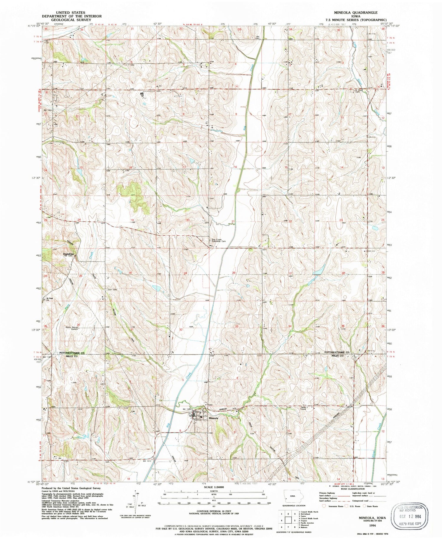 Classic USGS Mineola Iowa 7.5'x7.5' Topo Map Image