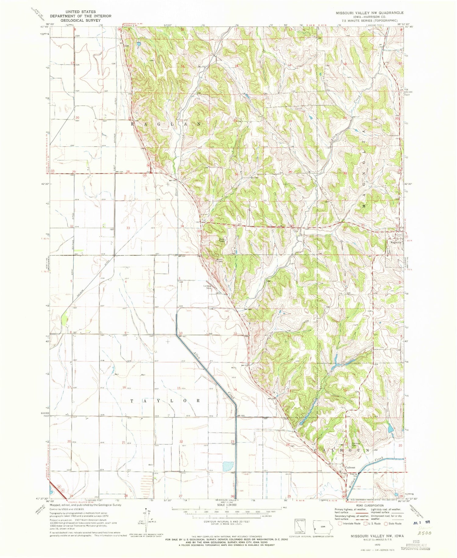 Classic USGS Missouri Valley NW Iowa 7.5'x7.5' Topo Map Image
