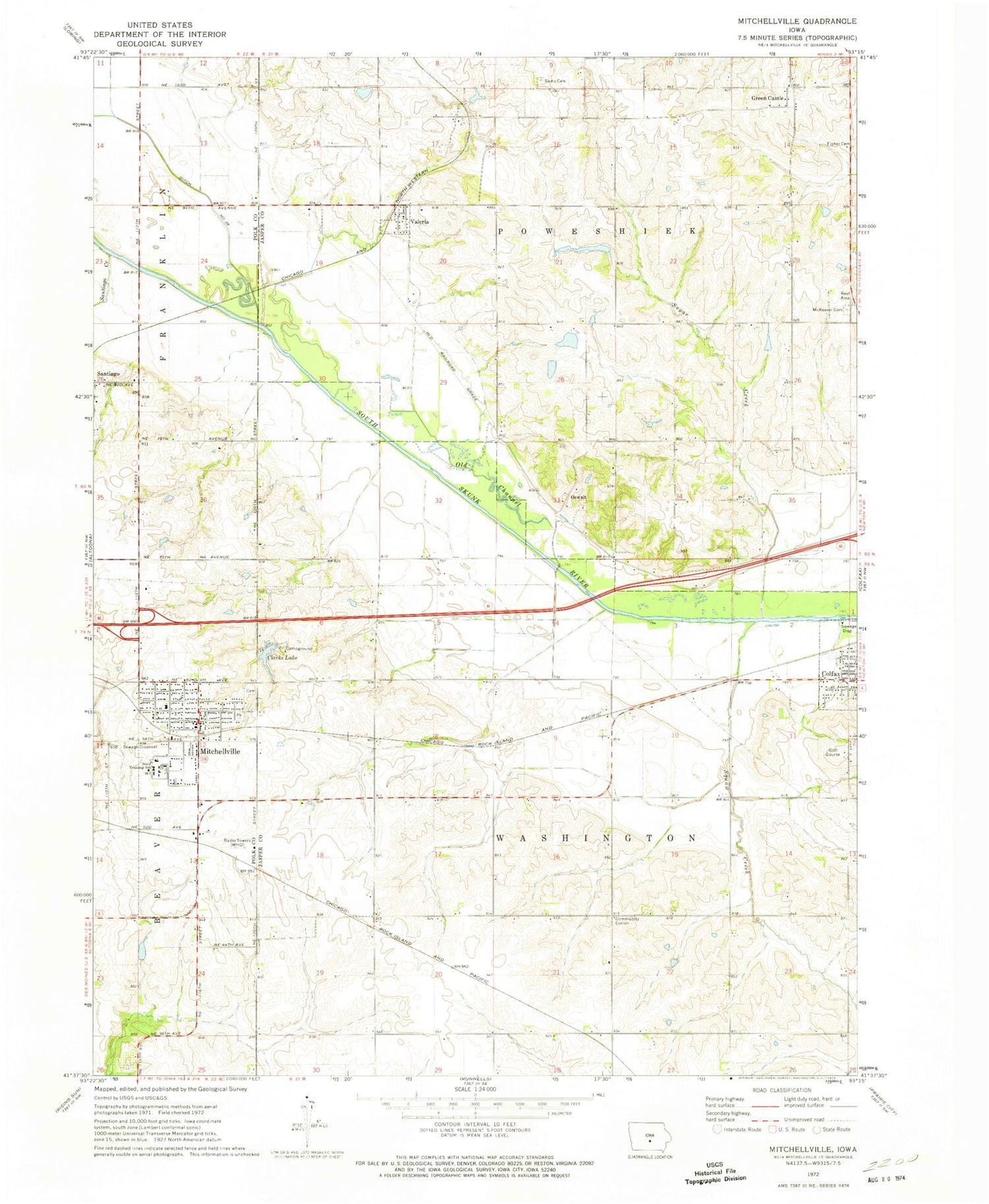 Classic USGS Mitchellville Iowa 7.5'x7.5' Topo Map Image