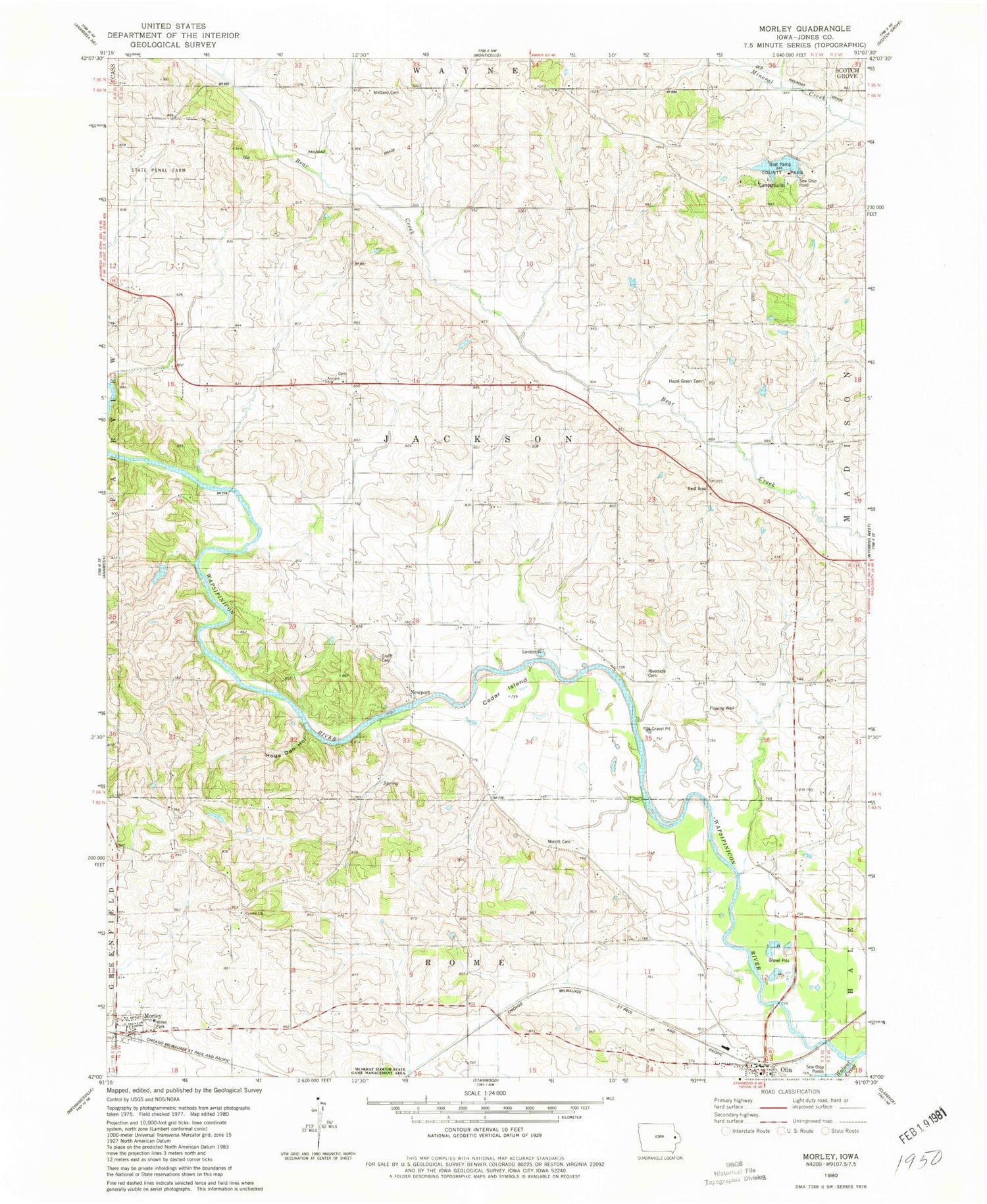 Classic USGS Morley Iowa 7.5'x7.5' Topo Map Image