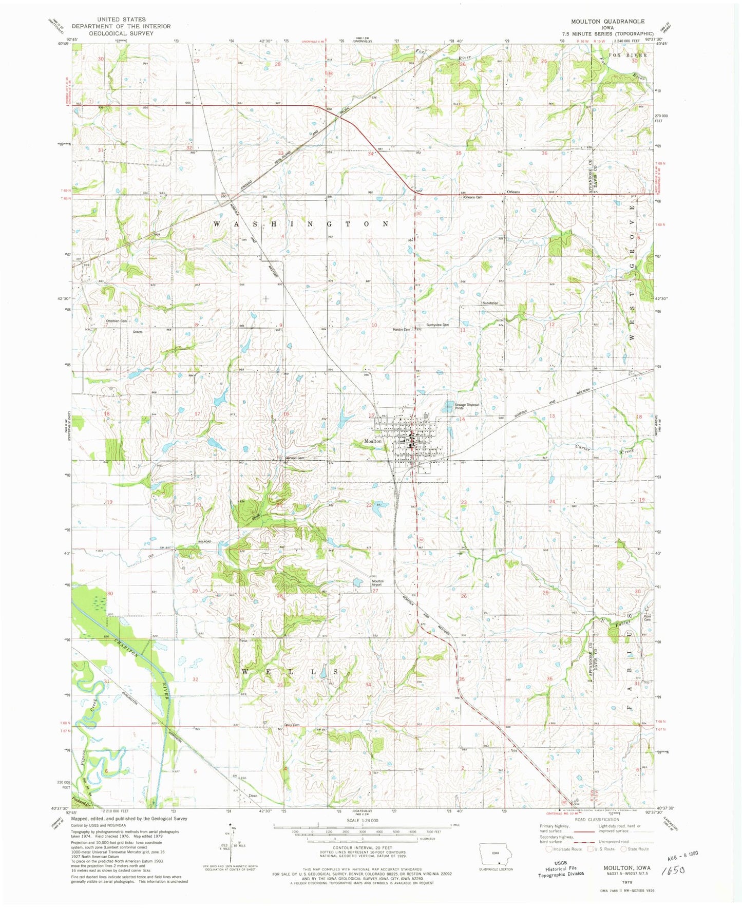 Classic USGS Moulton Iowa 7.5'x7.5' Topo Map Image