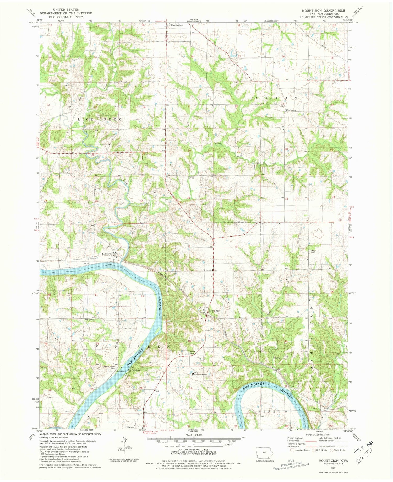Classic USGS Mount Zion Iowa 7.5'x7.5' Topo Map Image