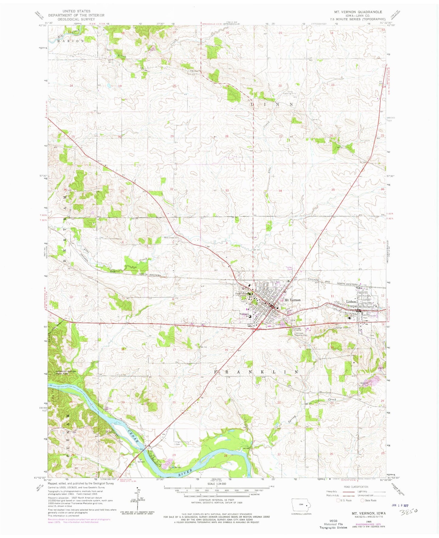 Classic USGS Mount Vernon Iowa 7.5'x7.5' Topo Map Image