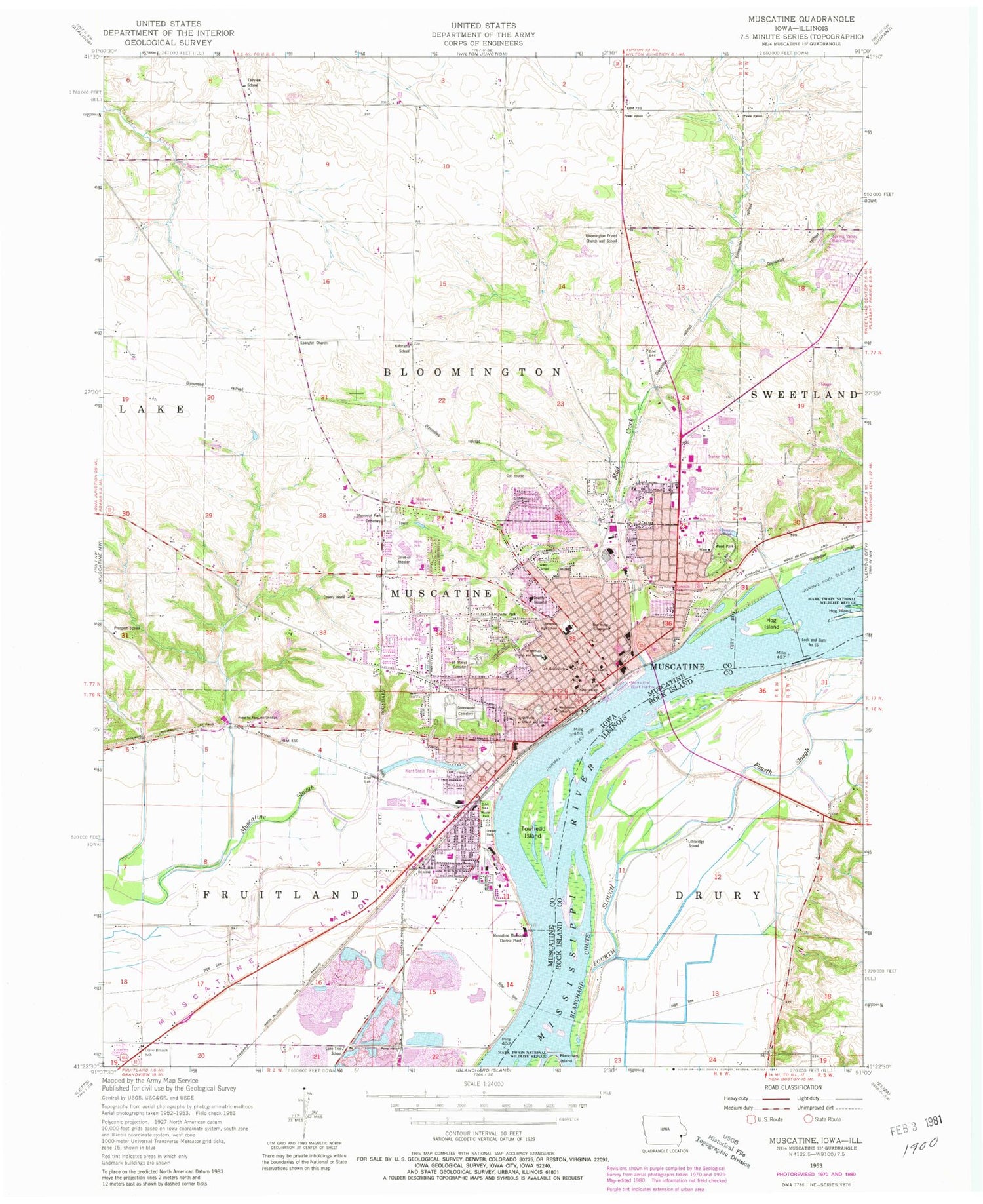 Classic USGS Muscatine Iowa 7.5'x7.5' Topo Map Image
