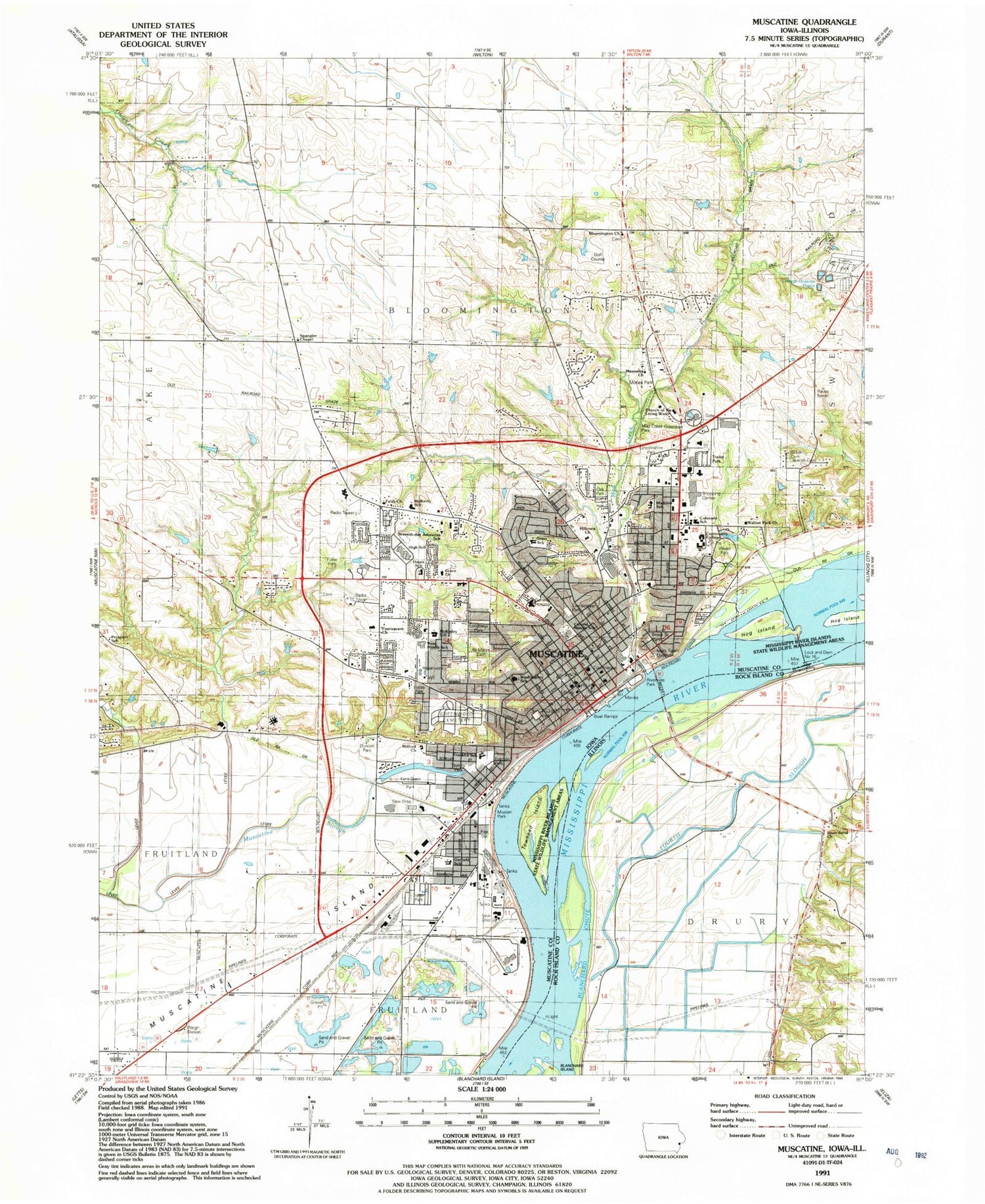 Classic USGS Muscatine Iowa 7.5'x7.5' Topo Map Image