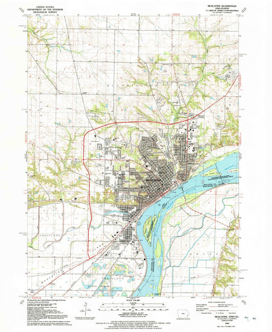 Classic USGS Muscatine Iowa 7.5'x7.5' Topo Map Image