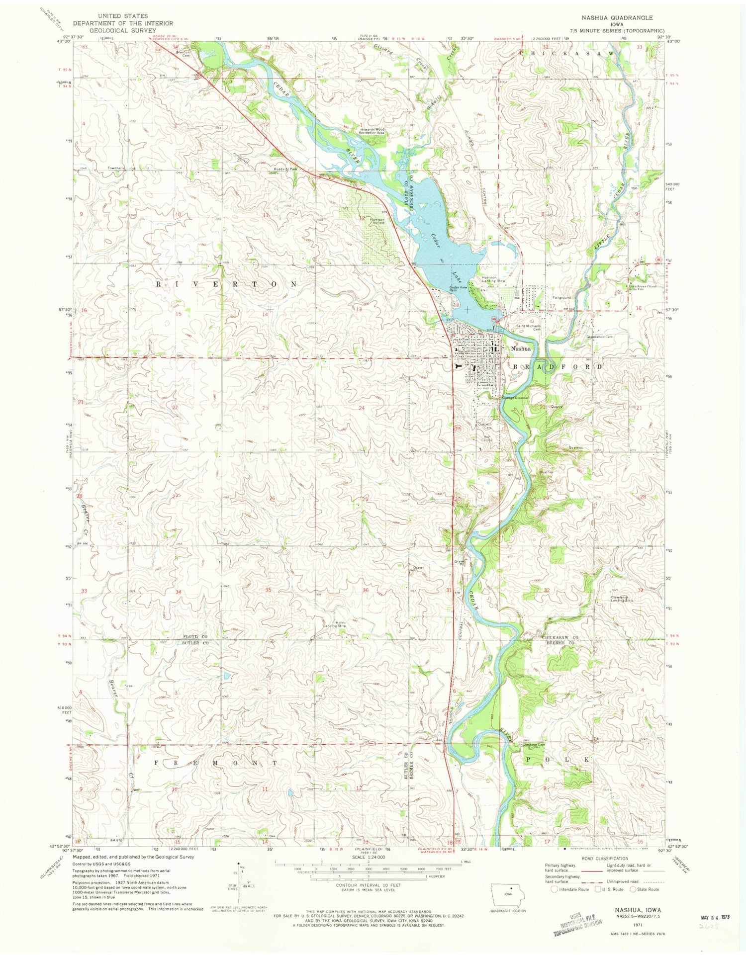 Classic USGS Nashua Iowa 7.5'x7.5' Topo Map Image