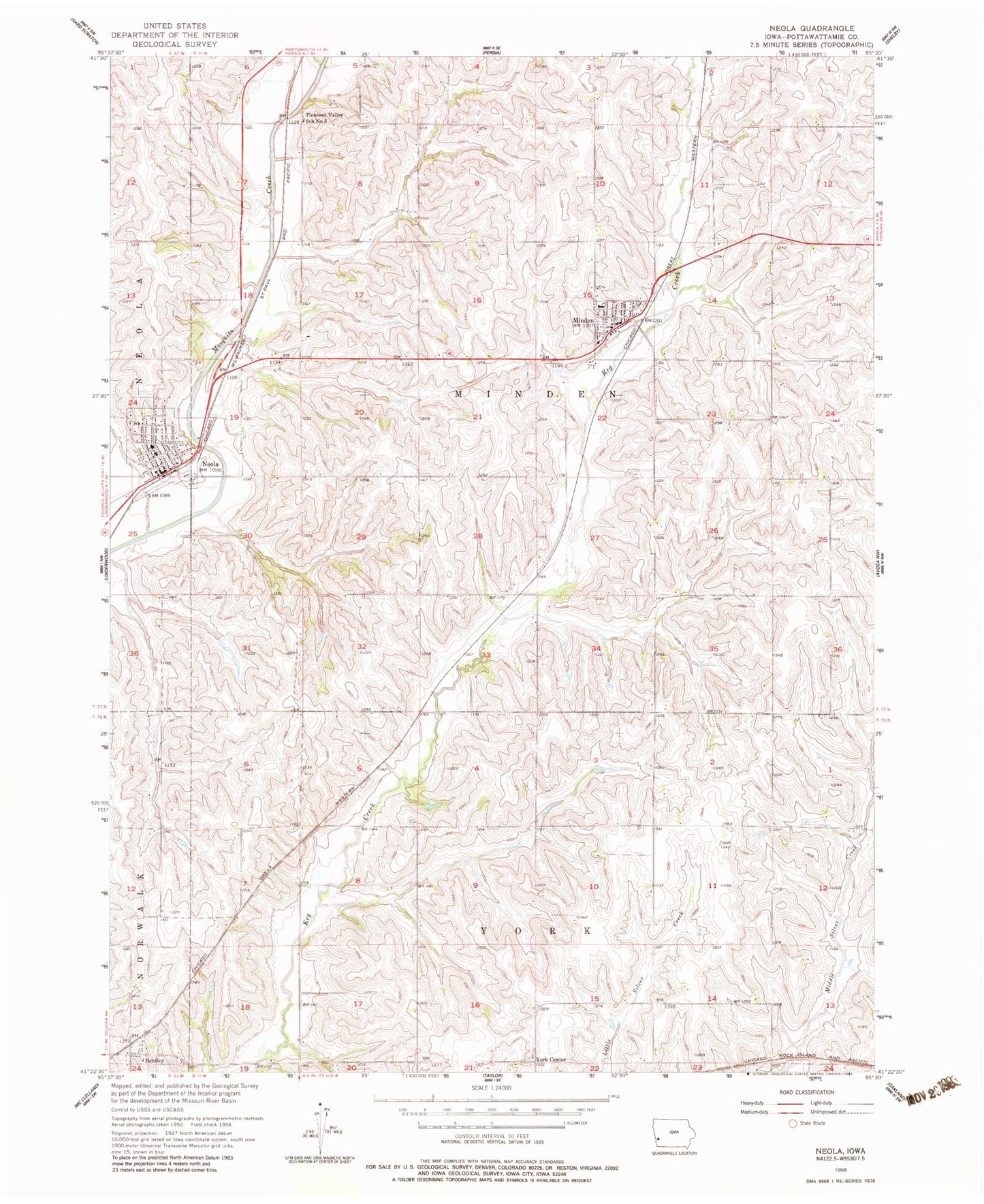 Classic USGS Neola Iowa 7.5'x7.5' Topo Map Image