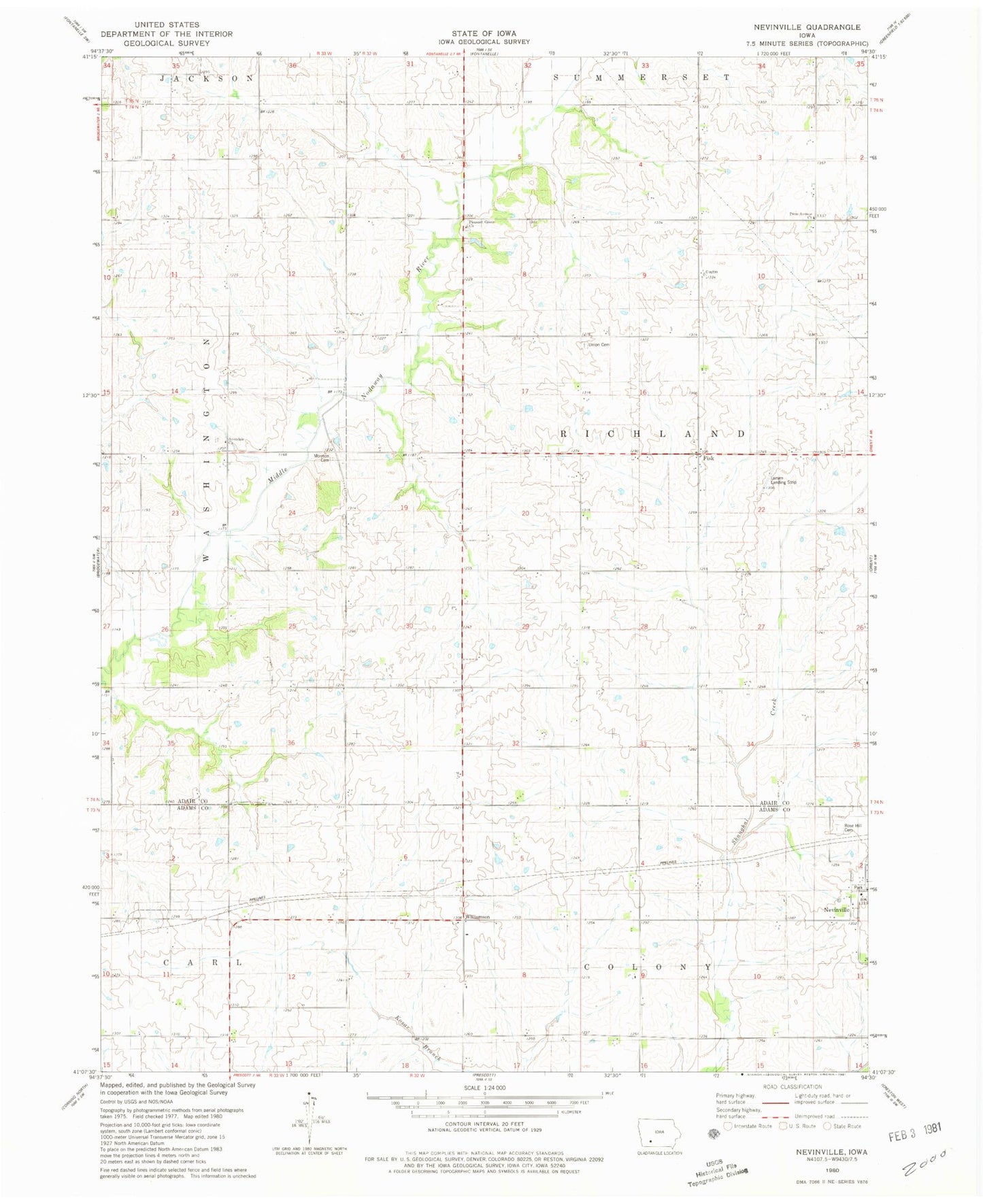 Classic USGS Nevinville Iowa 7.5'x7.5' Topo Map Image