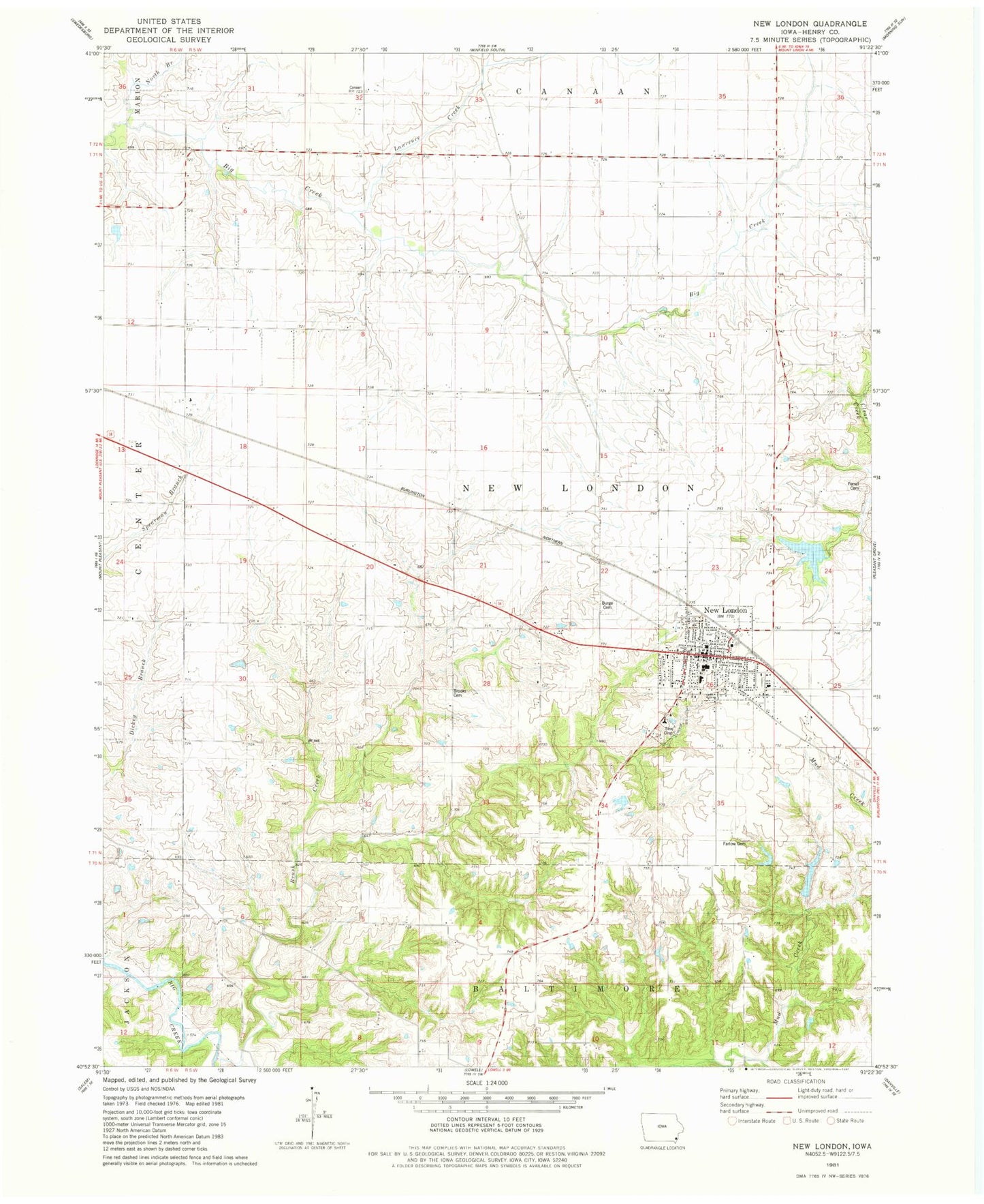 Classic USGS New London Iowa 7.5'x7.5' Topo Map Image