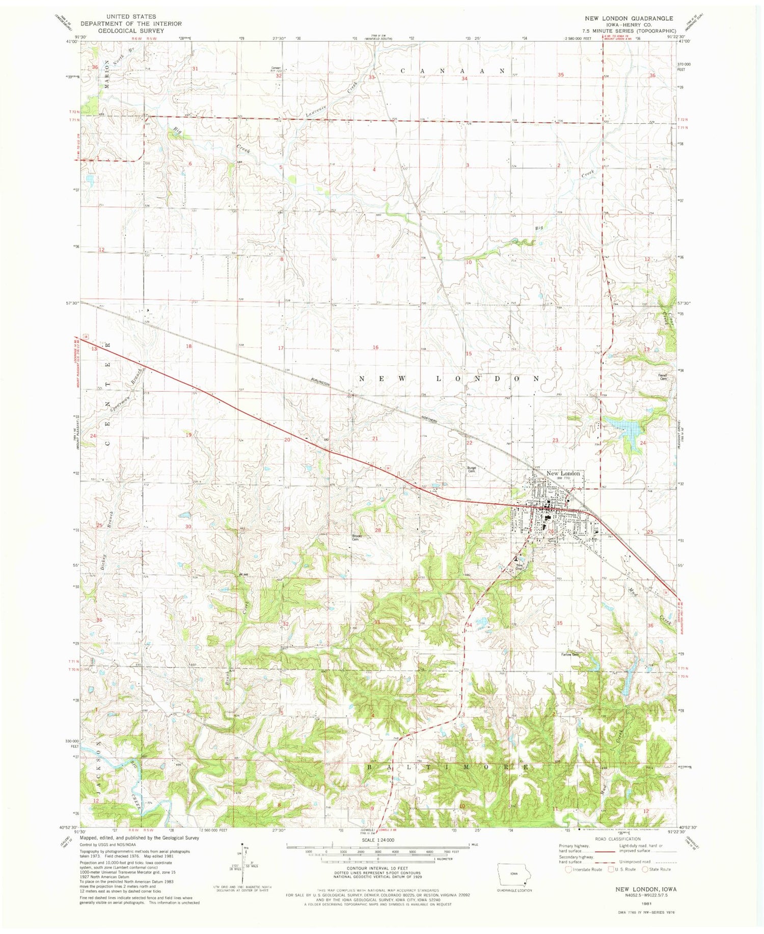 Classic USGS New London Iowa 7.5'x7.5' Topo Map Image