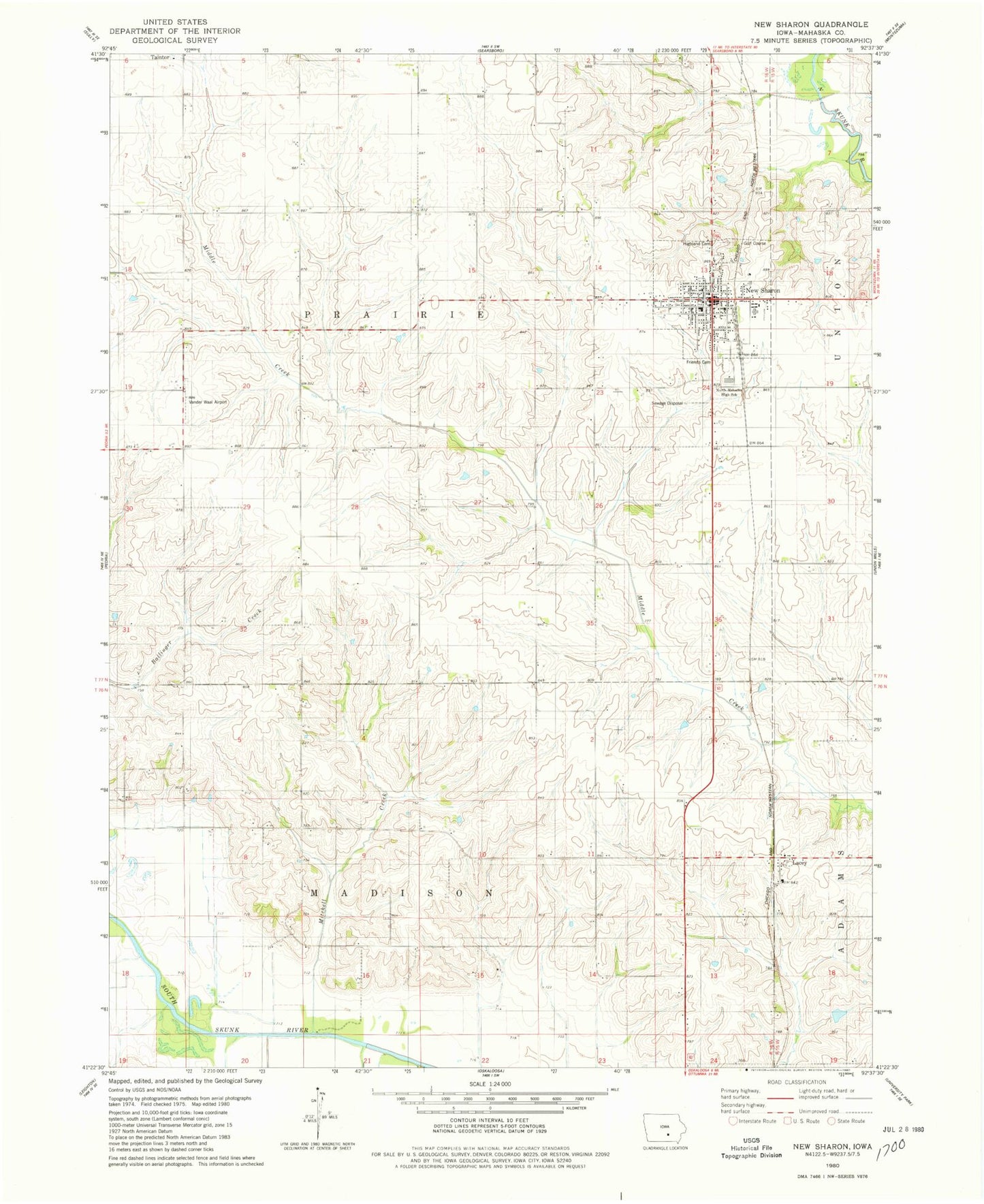 Classic USGS New Sharon Iowa 7.5'x7.5' Topo Map Image