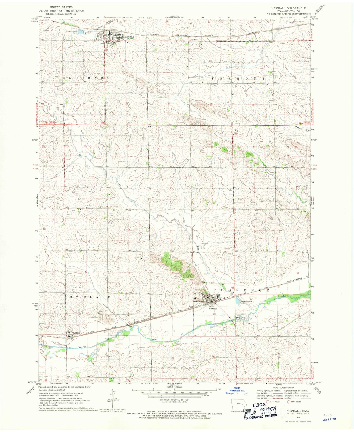 Classic USGS Newhall Iowa 7.5'x7.5' Topo Map Image