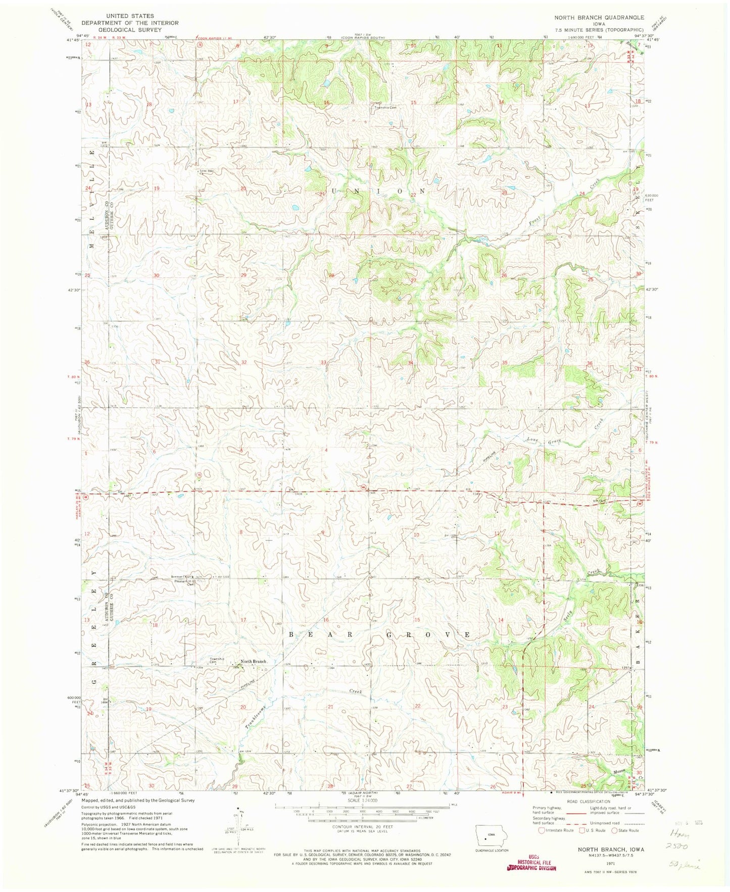 Classic USGS North Branch Iowa 7.5'x7.5' Topo Map Image