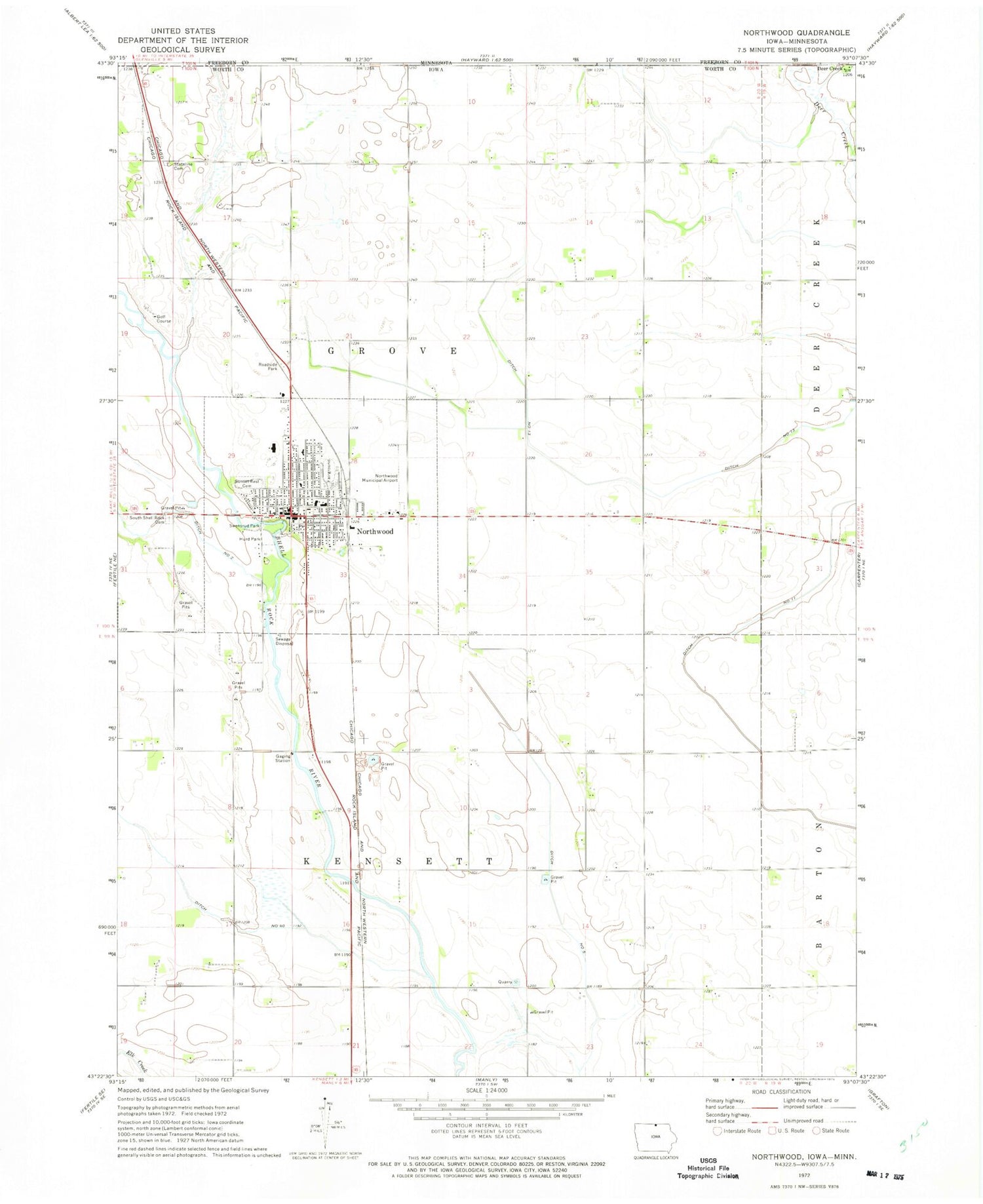 Classic USGS Northwood Iowa 7.5'x7.5' Topo Map Image