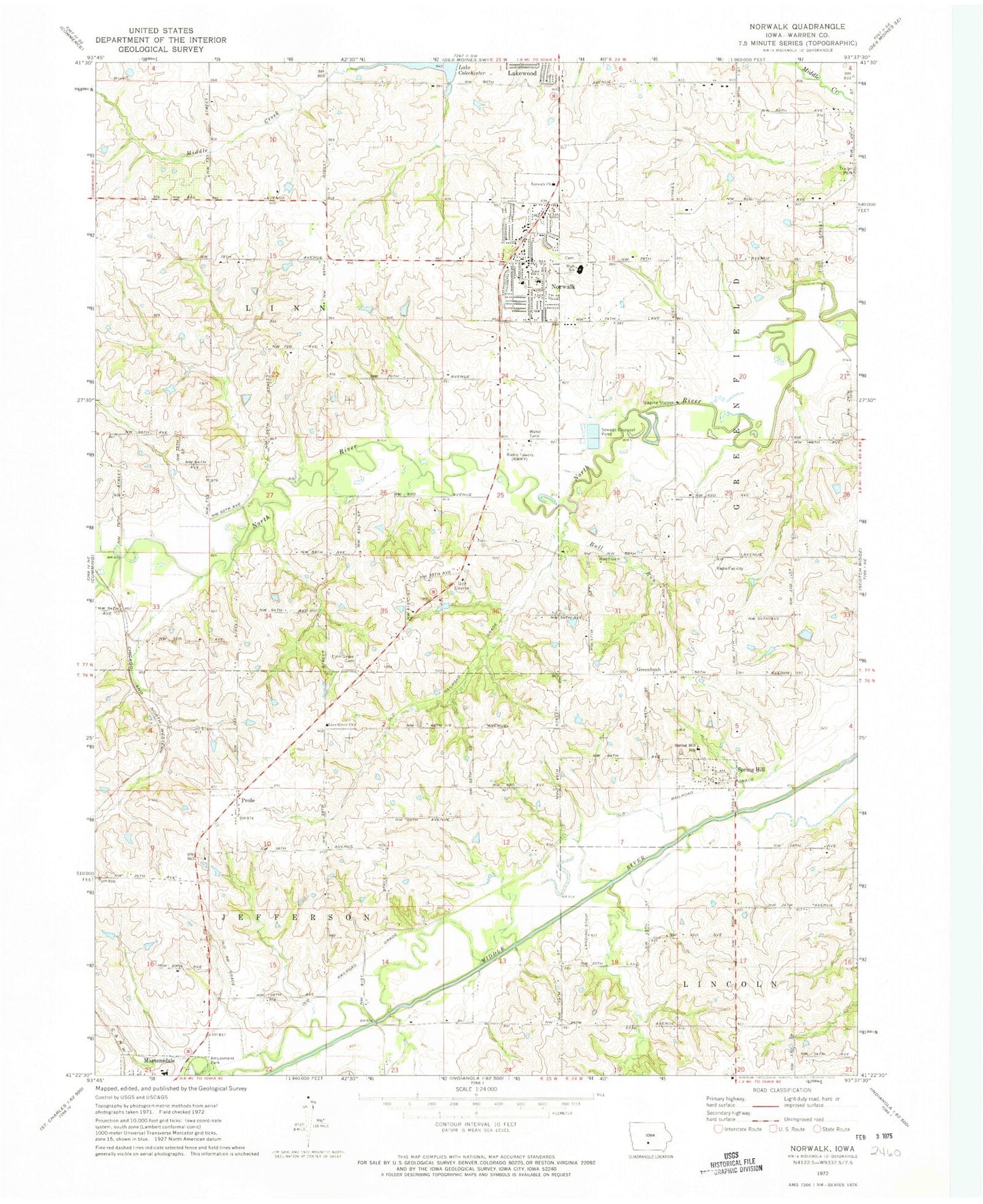 Classic USGS Norwalk Iowa 7.5'x7.5' Topo Map Image