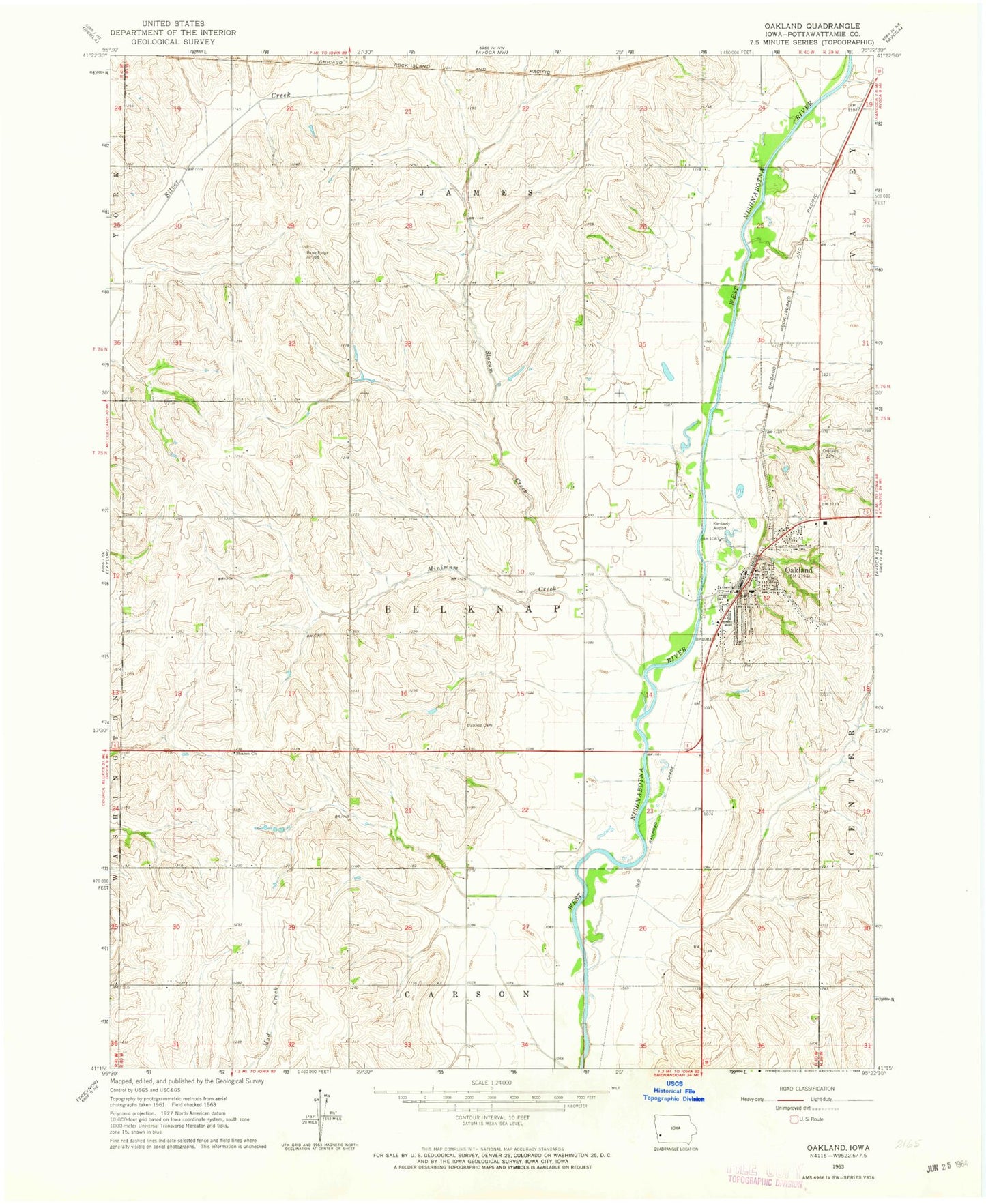 Classic USGS Oakland Iowa 7.5'x7.5' Topo Map Image