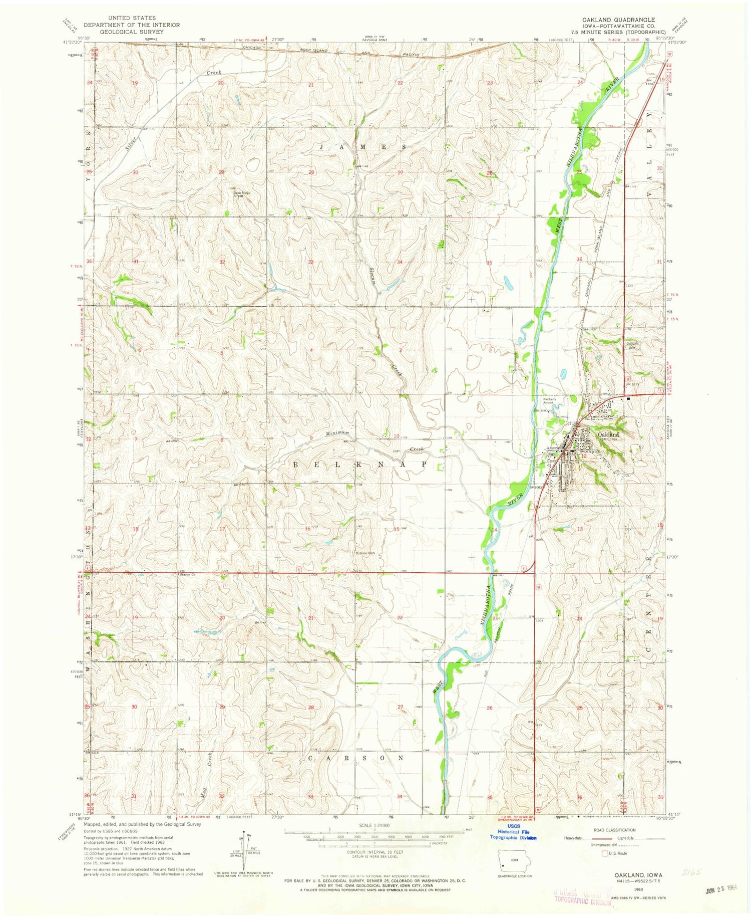 Classic USGS Oakland Iowa 7.5'x7.5' Topo Map Image