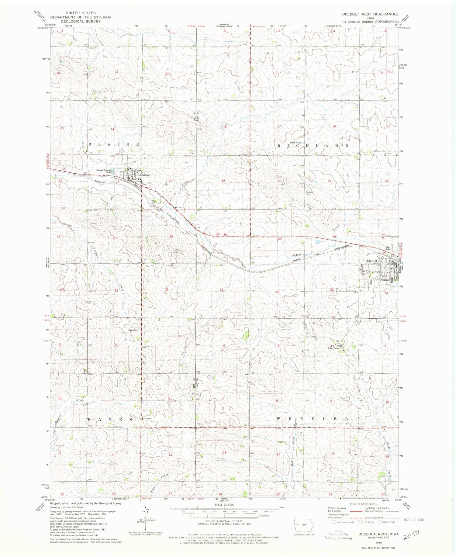 Classic USGS Odebolt West Iowa 7.5'x7.5' Topo Map Image