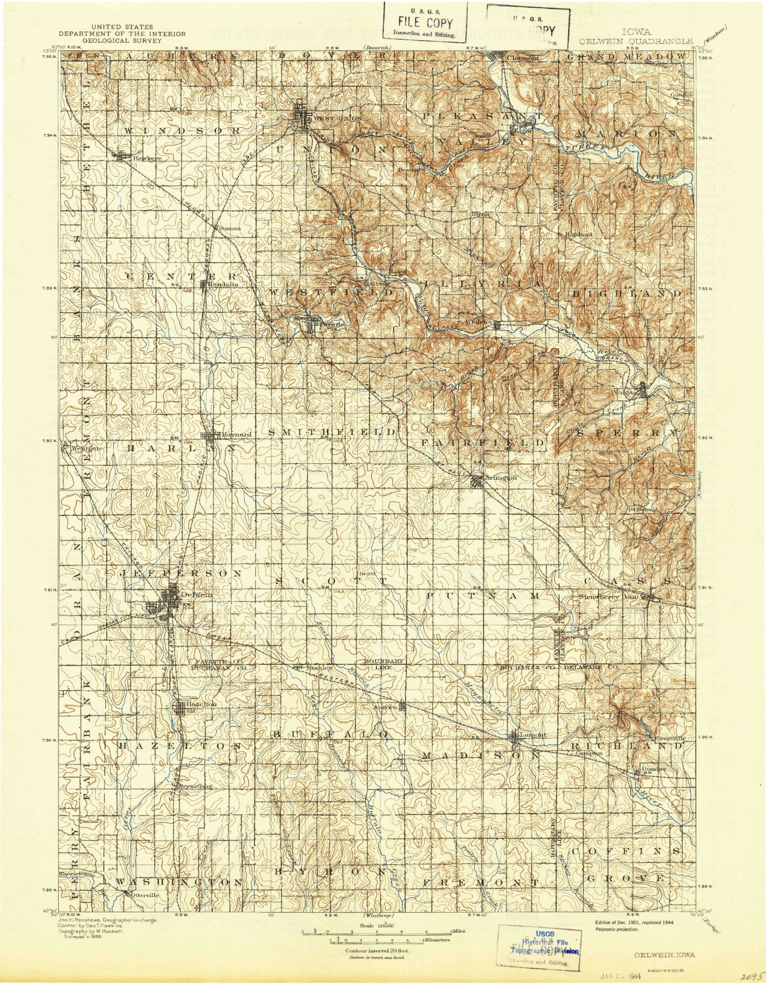 Historic 1901 Oelwein Iowa 30'x30' Topo Map Image