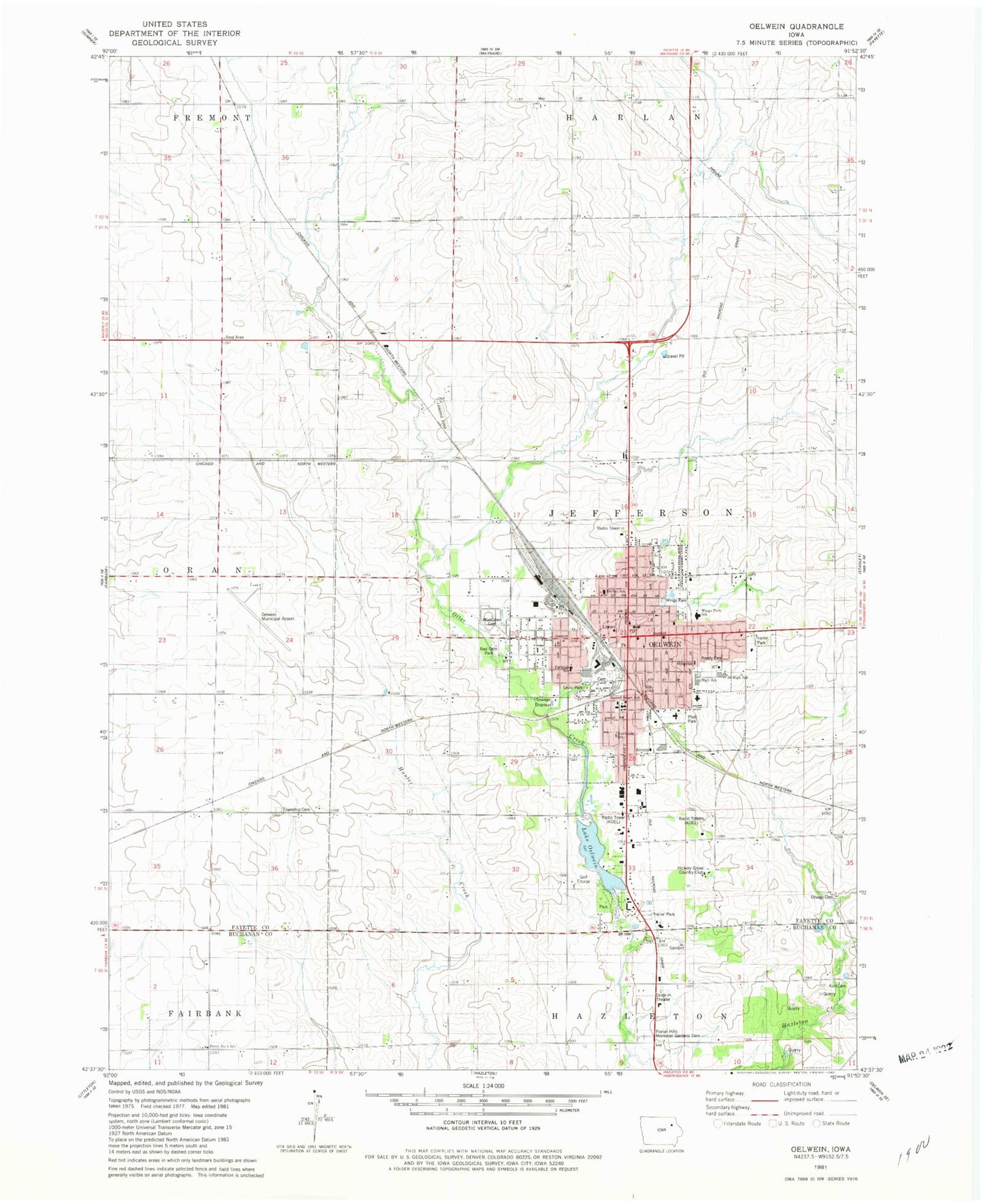 Classic USGS Oelwein Iowa 7.5'x7.5' Topo Map Image