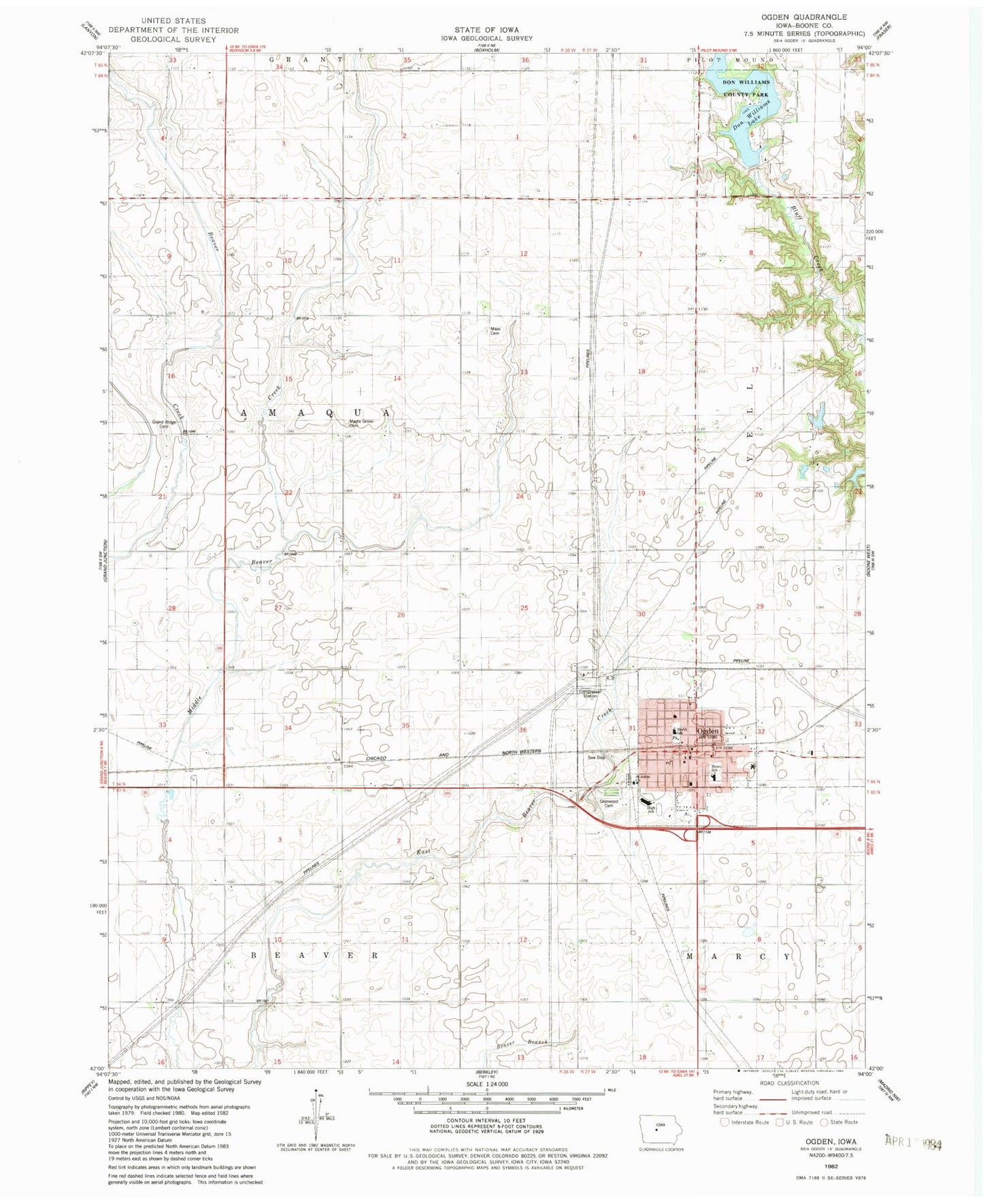 Classic USGS Ogden Iowa 7.5'x7.5' Topo Map Image