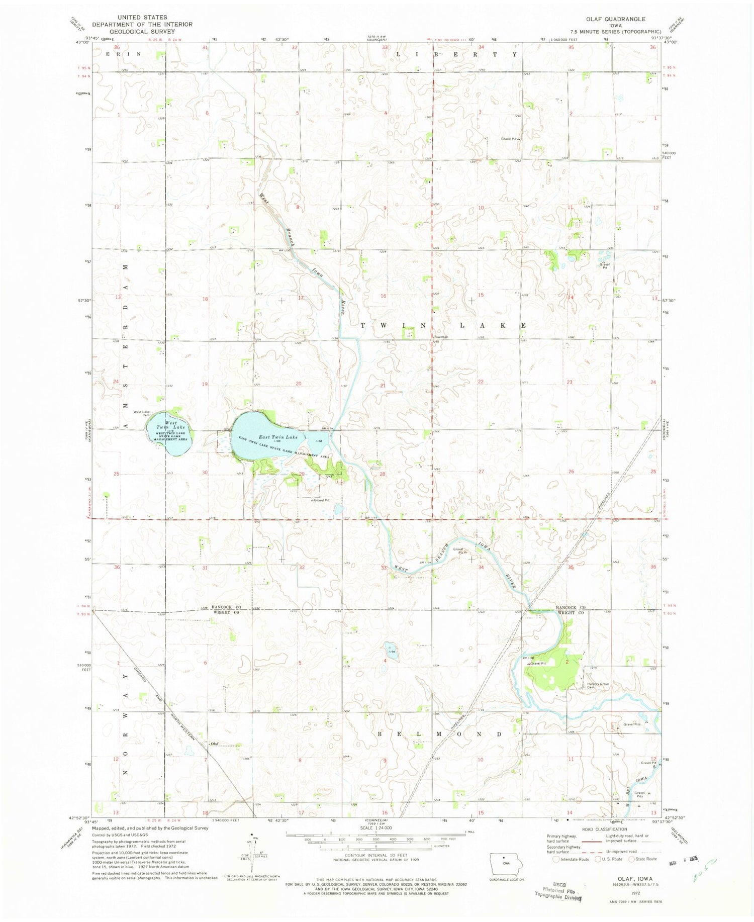Classic USGS Olaf Iowa 7.5'x7.5' Topo Map Image