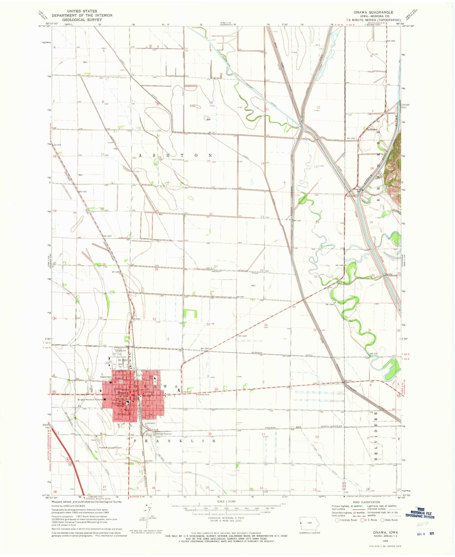 Classic USGS Onawa Iowa 7.5'x7.5' Topo Map Image