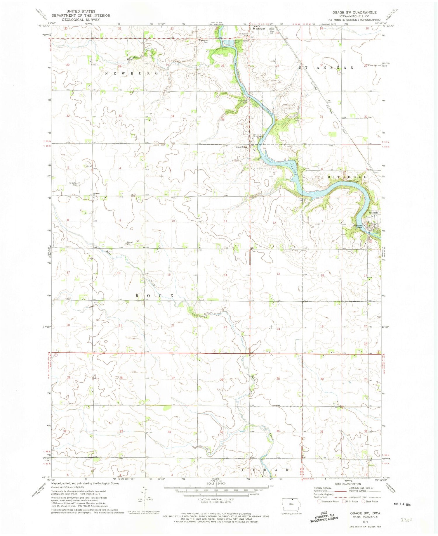 Classic USGS Osage SW Iowa 7.5'x7.5' Topo Map Image