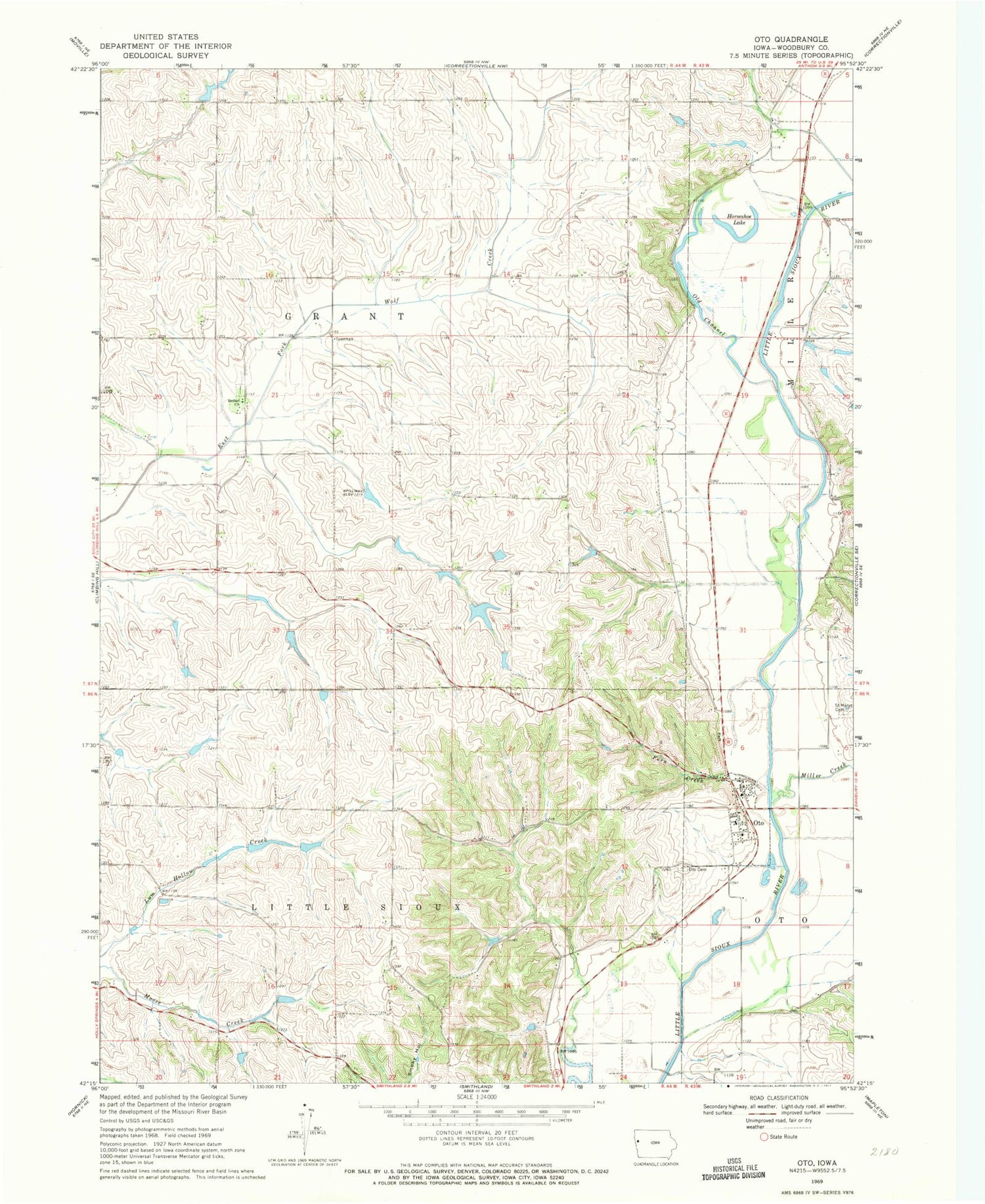 Classic USGS Oto Iowa 7.5'x7.5' Topo Map Image