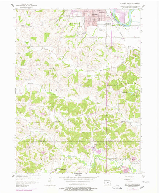 Classic USGS Ottumwa South Iowa 7.5'x7.5' Topo Map Image