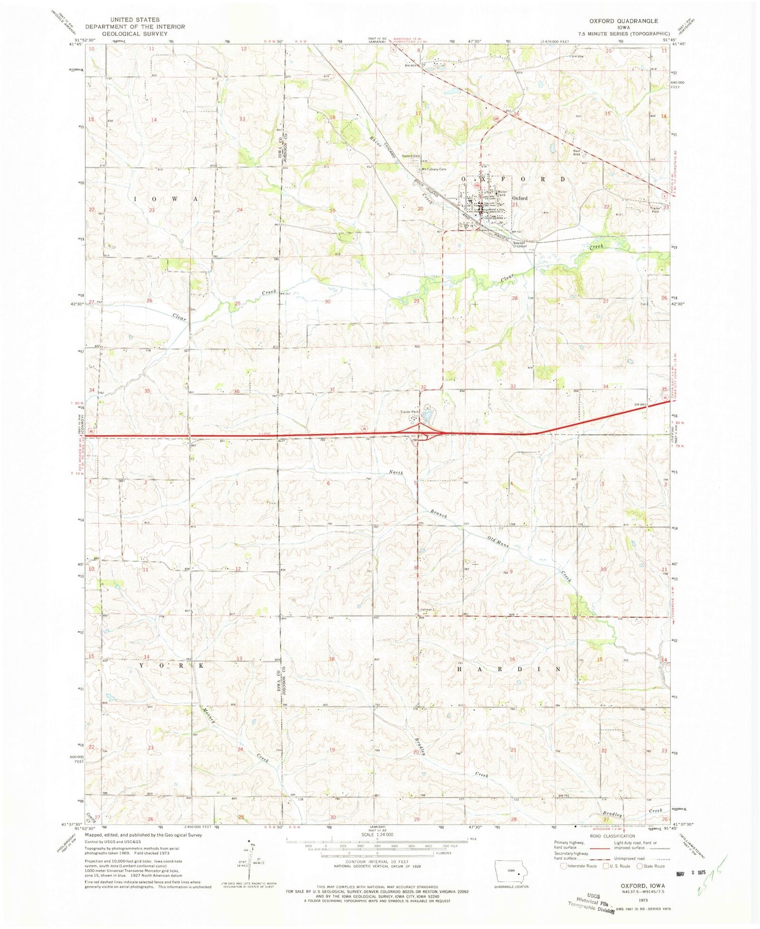 Classic USGS Oxford Iowa 7.5'x7.5' Topo Map Image
