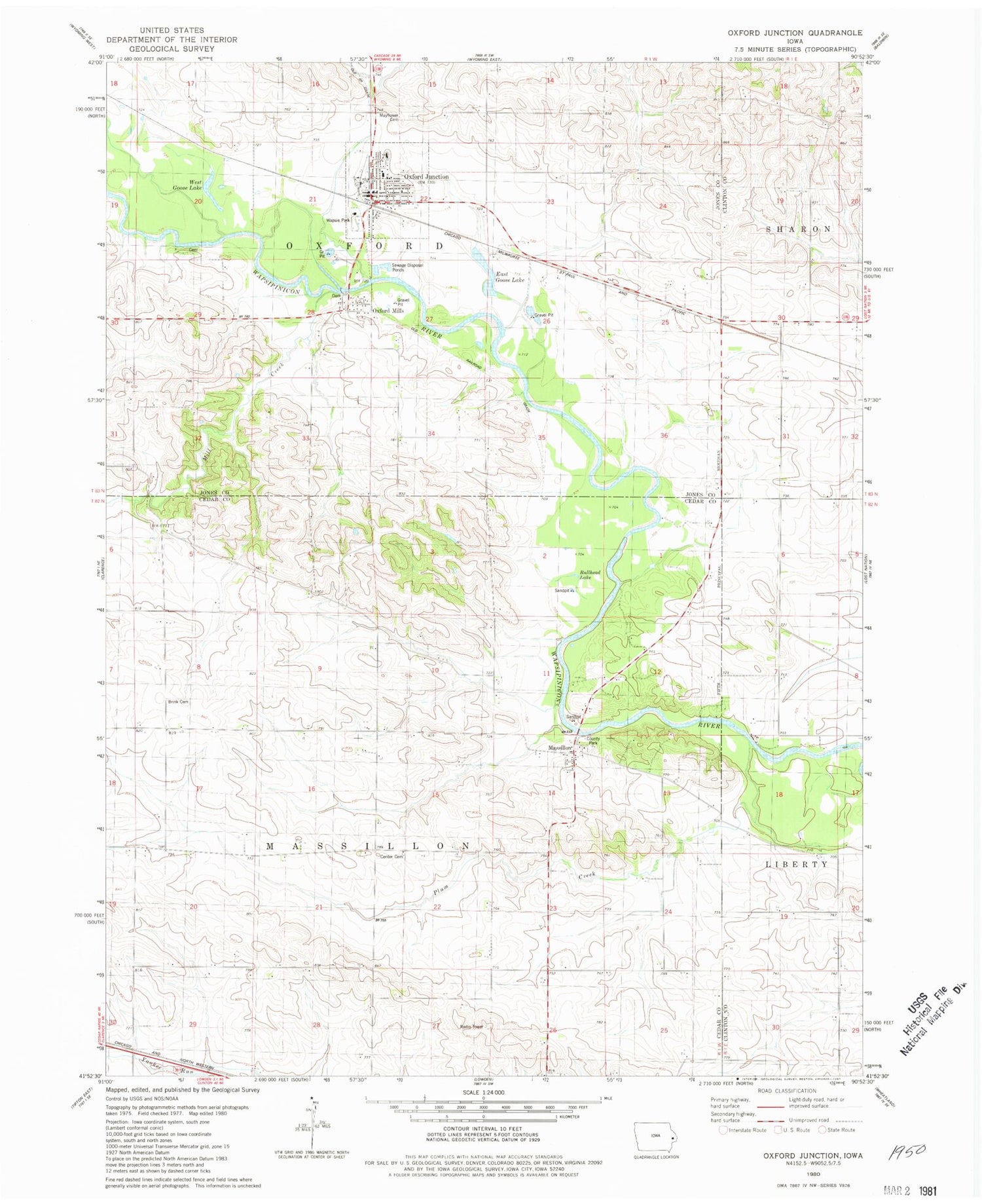 Classic USGS Oxford Junction Iowa 7.5'x7.5' Topo Map Image
