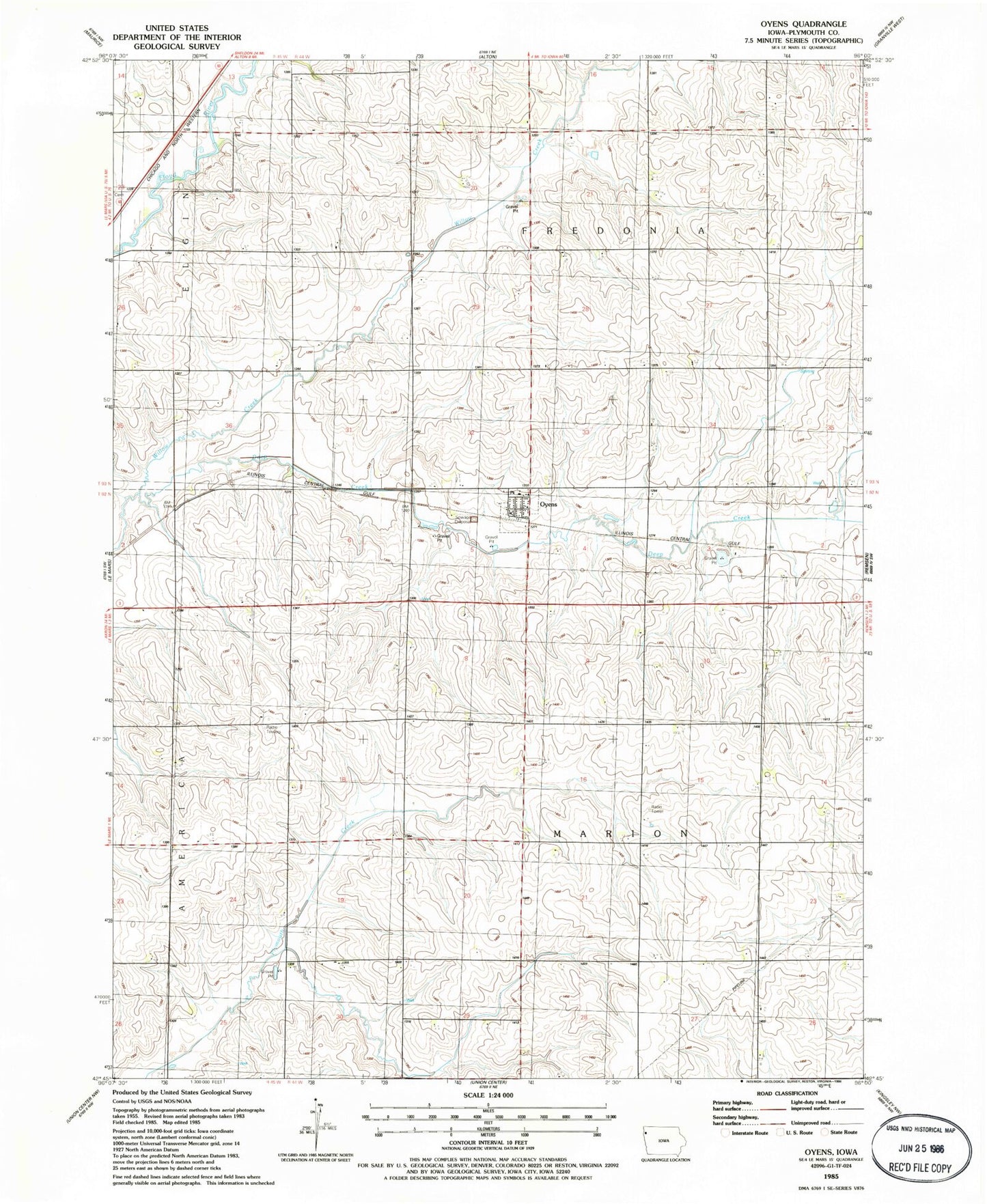 Classic USGS Oyens Iowa 7.5'x7.5' Topo Map Image