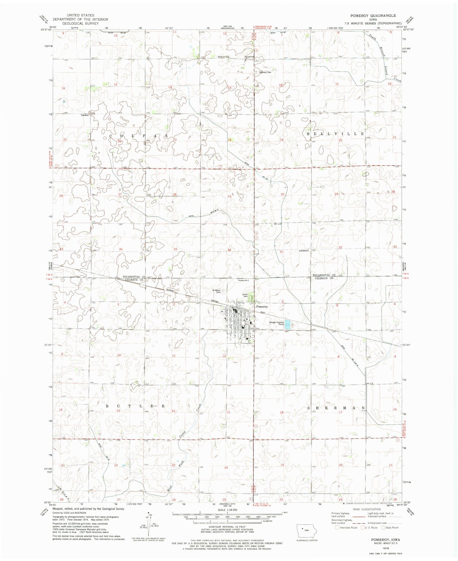 Classic USGS Pomeroy Iowa 7.5'x7.5' Topo Map Image