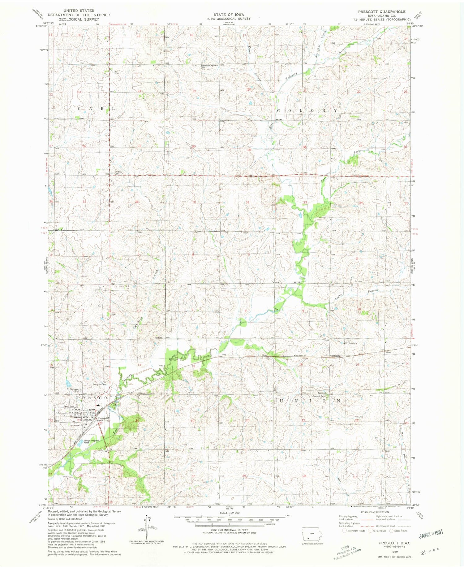 Classic USGS Prescott Iowa 7.5'x7.5' Topo Map Image